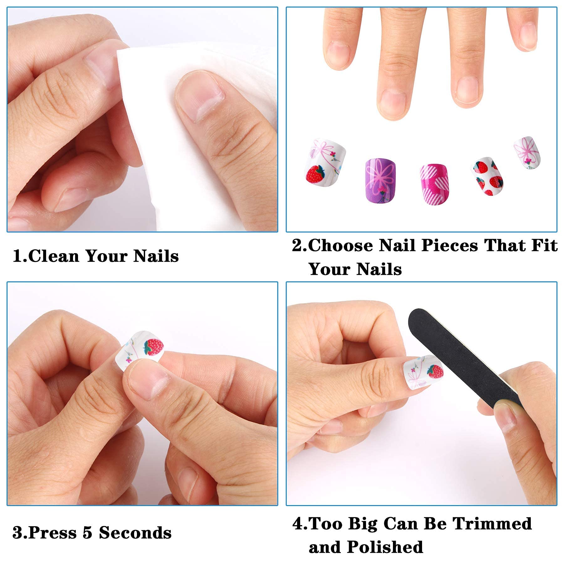 Janyun 96 Pcs Kids False Nail Stick On Nails Kids Full Cover Short False Nails Children Nail Tips Lovely Gift For Kids Little Gi