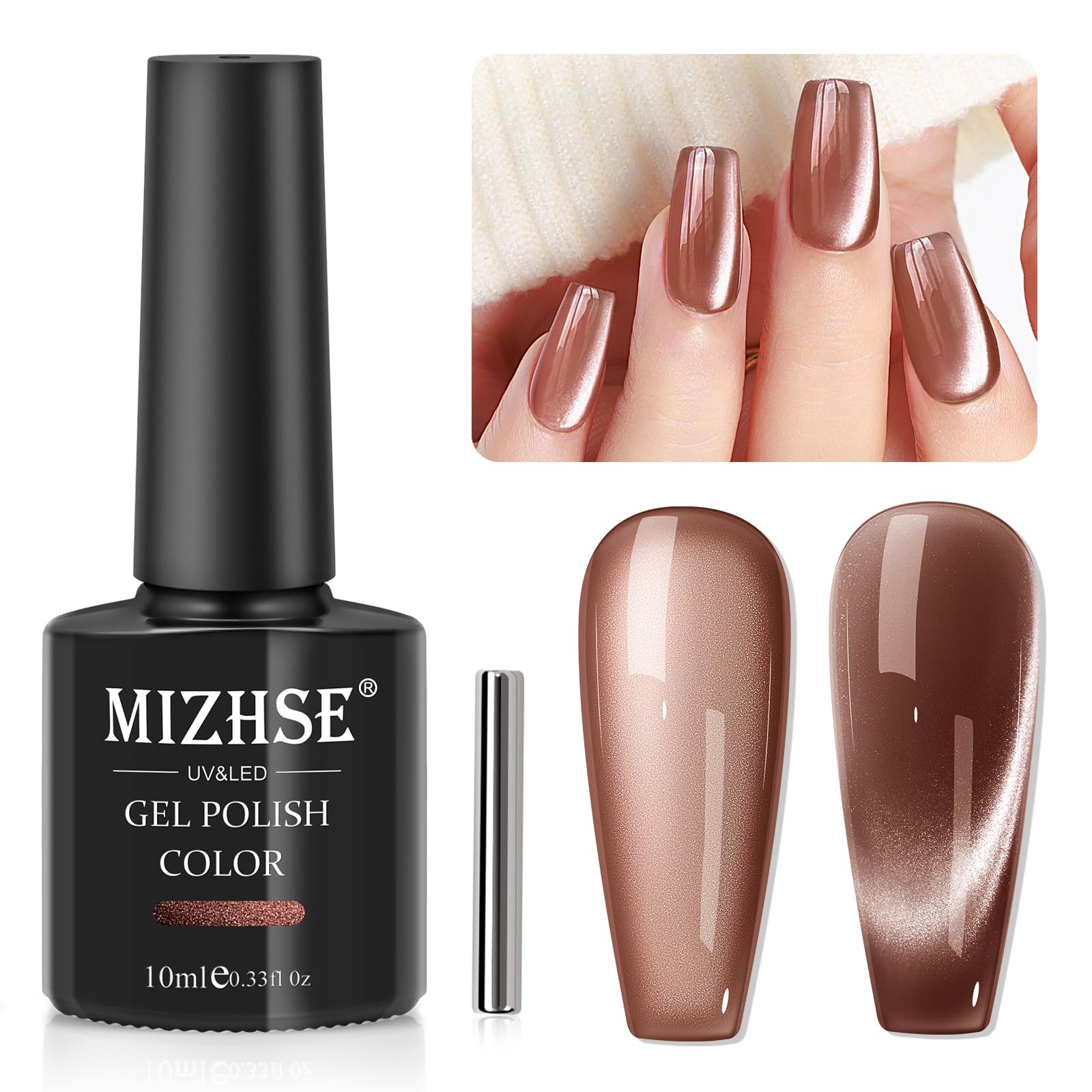 Mizhse Cat Eye Gel Nail Polish: Brown Magnetic Gel Polish With Magnet Stick, Fall Color Magic Effect Galaxy Shimmer Glitter Holo