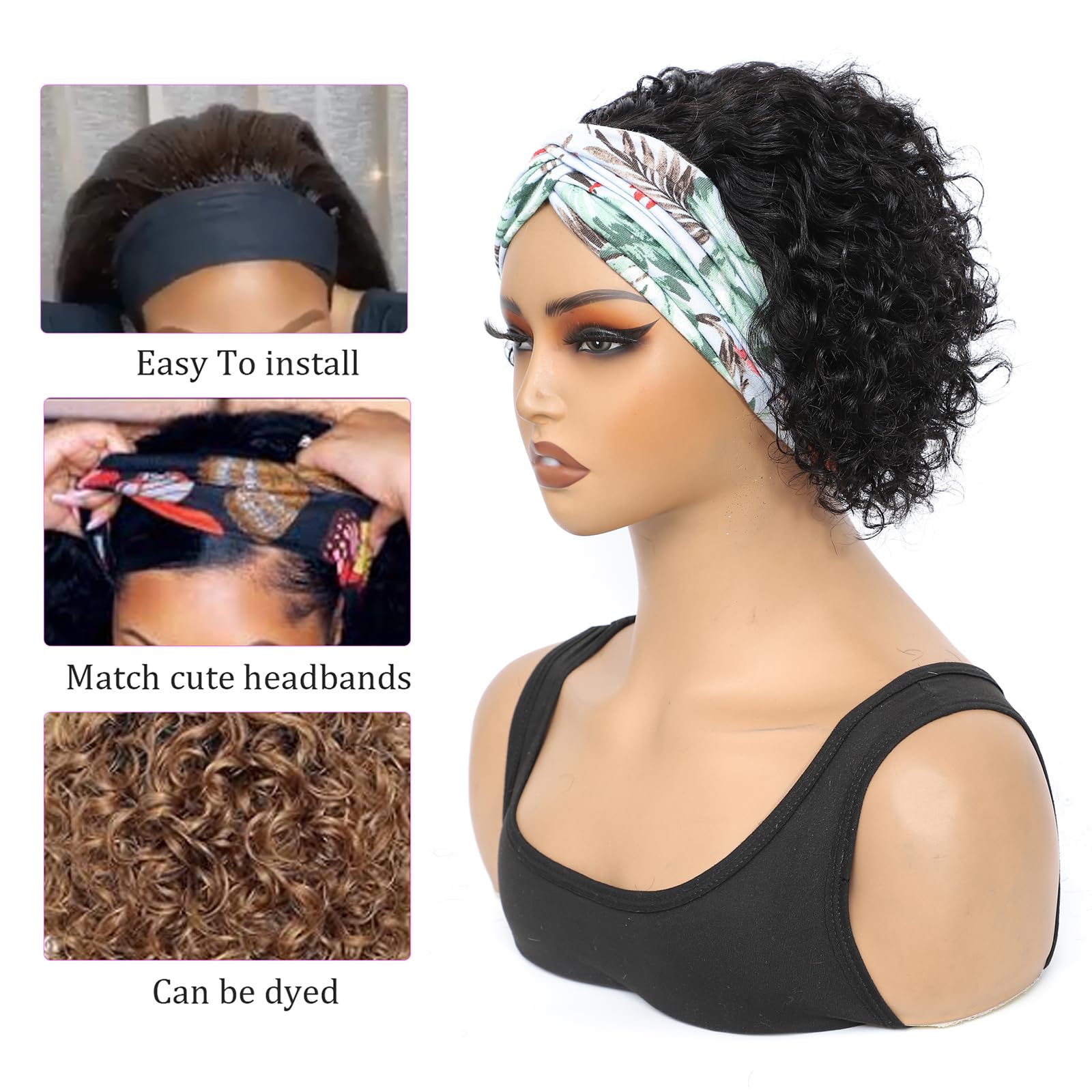 Betufllo Headband Wig Human Hair Wigs for Black Women Curly Pixie Headband Human Hair Wigs Put on and Go Glueless Wig Natural Bl