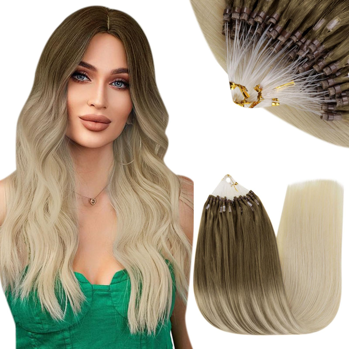 RUNATURE Micro Loop Hair Extensions Real Human Hair 22 Inch Micro Bead Hair Extensions Real Human Hair Balayage Brown to Blonde 