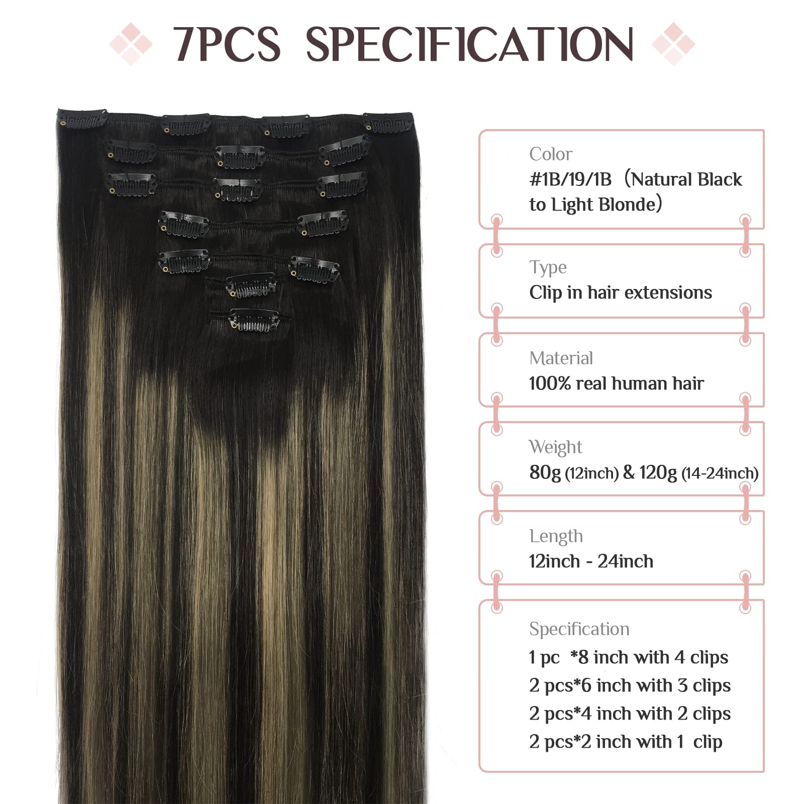 Clip In Hair Extensions Real Human Hair, 120G 7Pcs 16 Inch, Maxita Balayage Natural Black To Light Blonde Hair Extensions Clip I