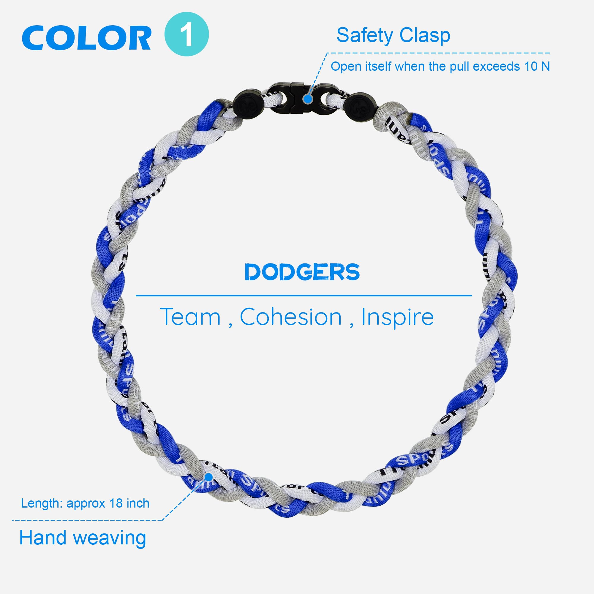 SUPBOMM 3 pcs Baseball Rope Necklaces, League Team Colors Braided Necklace, Baseball Team Gifts, Dodgers