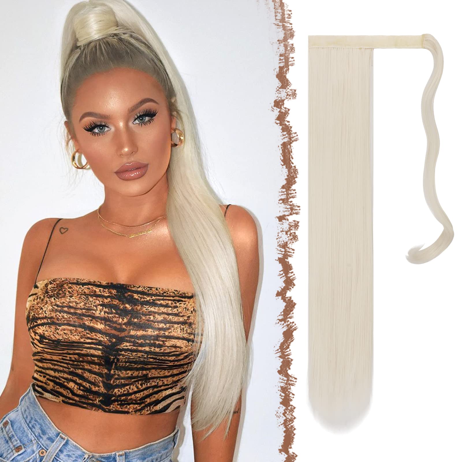 Feshfen Straight Long Ponytail Extensions 24 Inch Wrap Around Ash Platinum Blonde Synthetic Ponytails Hair Piece Pony Tail Hair