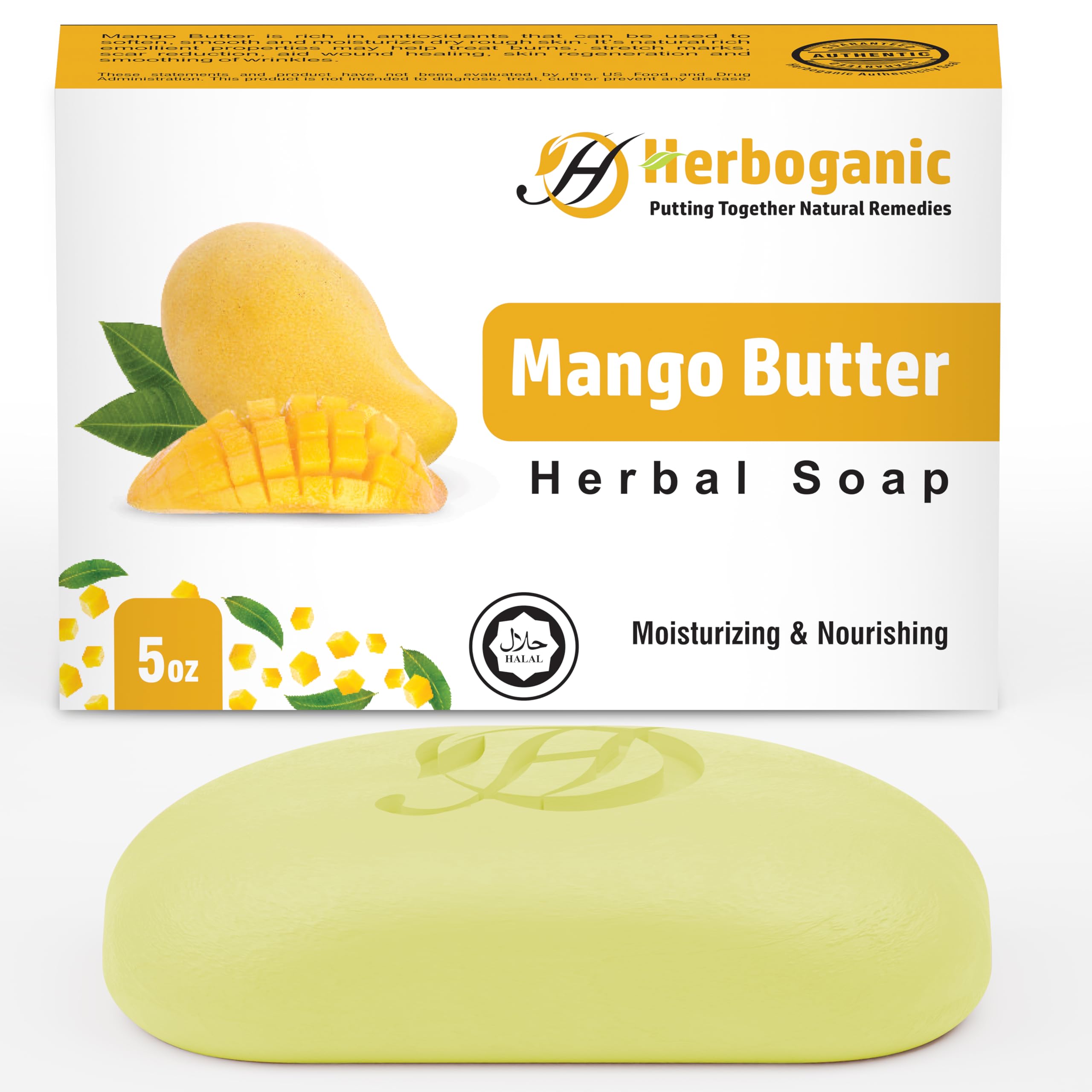 HERBOGANIC Mango Butter Herbal Soap | Pack of 1 of 5oz soap Bar | Natural Soap Bar| Rejuvenating and Nourishing | Gentle for Men
