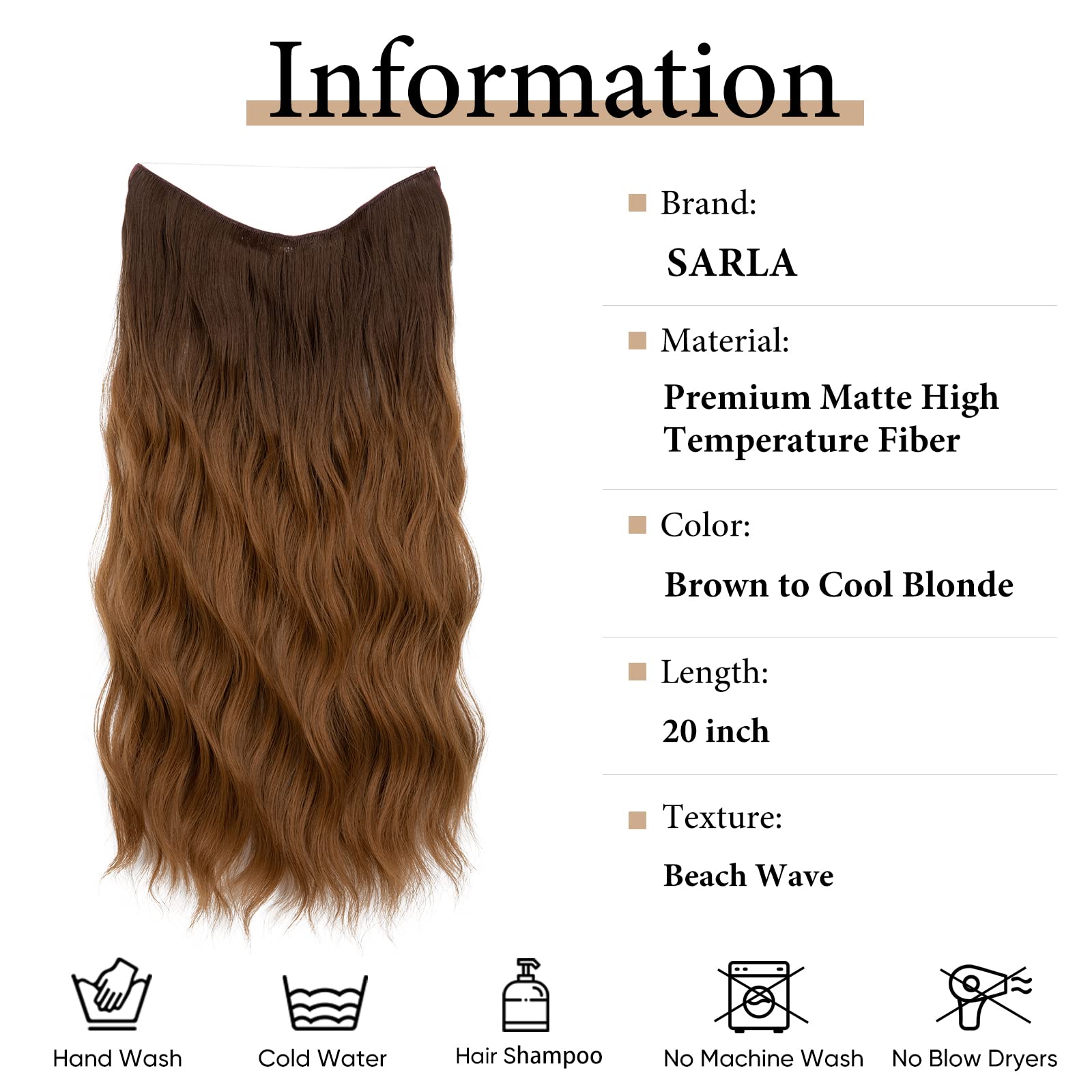 SARLA Ombre Invisible Wire Hair Extension with 3 Clips Synthetic Long Beach Wave Hairpiece Transparent Adjustable Headband for W
