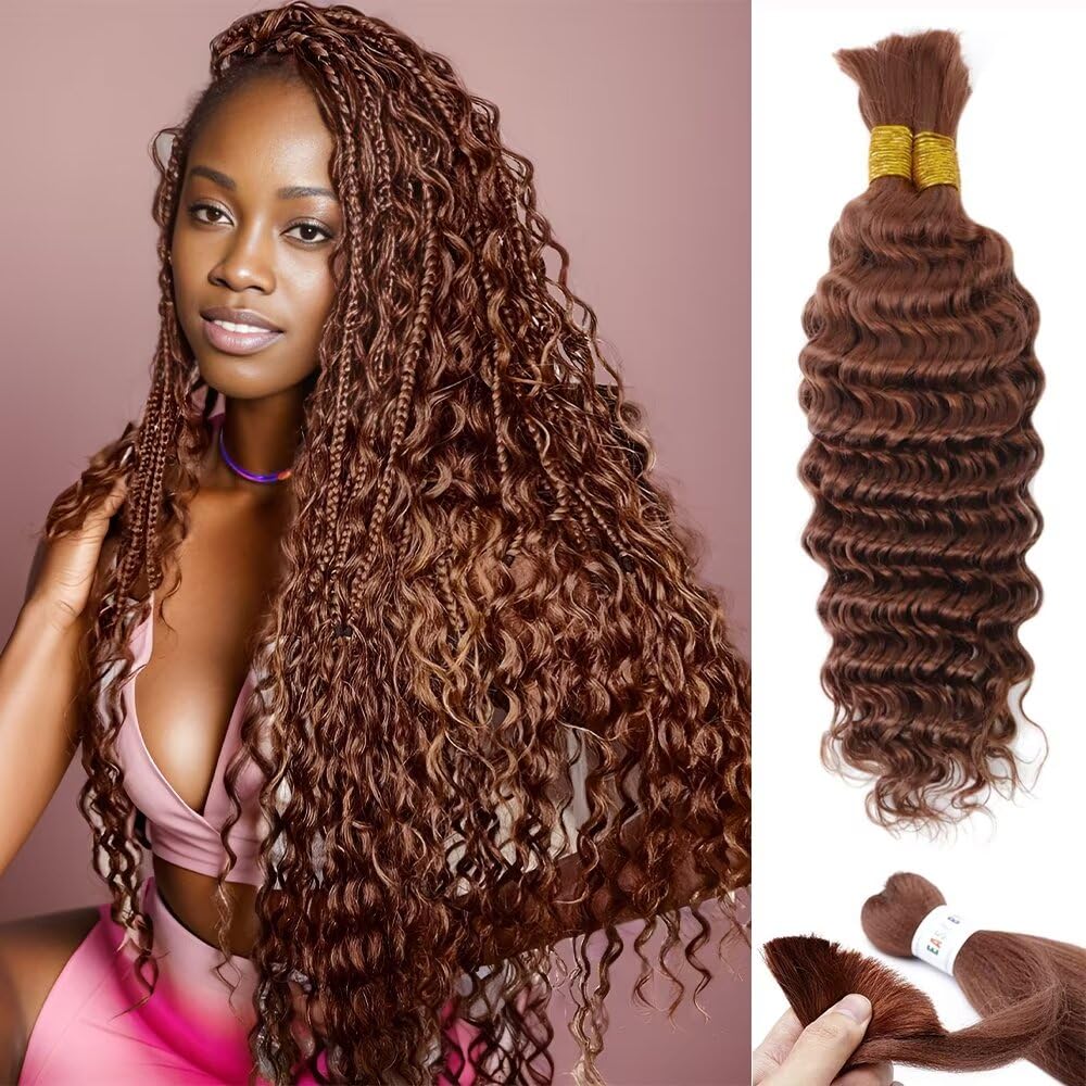 Brown Braiding Hair 100G 24 Inch Color 30 Braiding Hair Deep Wave Human Hair Braiding Hair Water Wave Bulk Human Hair For Braidi