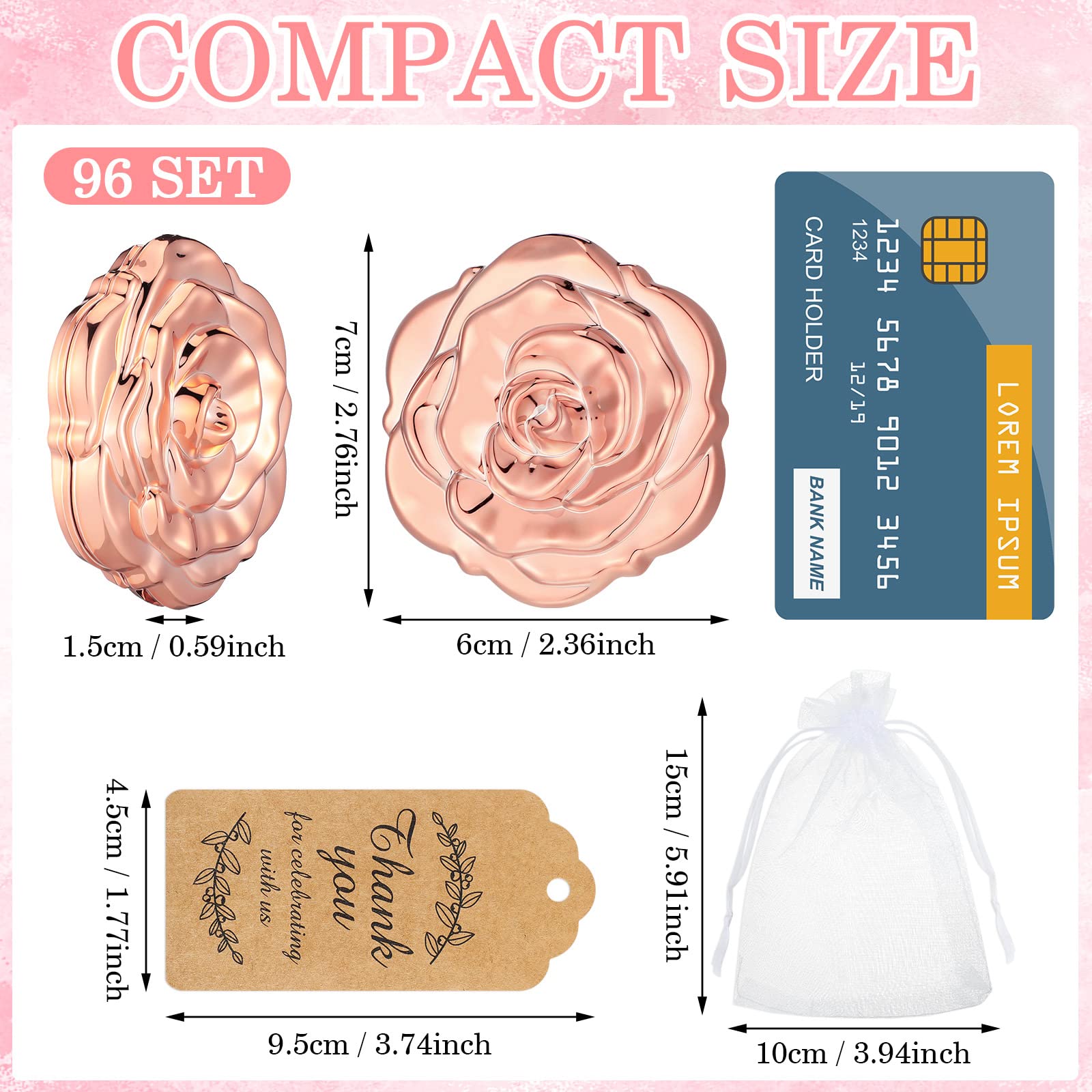 96 Set Rose Compact Mirrors Bulk Wedding Party Favors Including Rose Shape Mirrors And Thank You Tags And Jute Twine With White