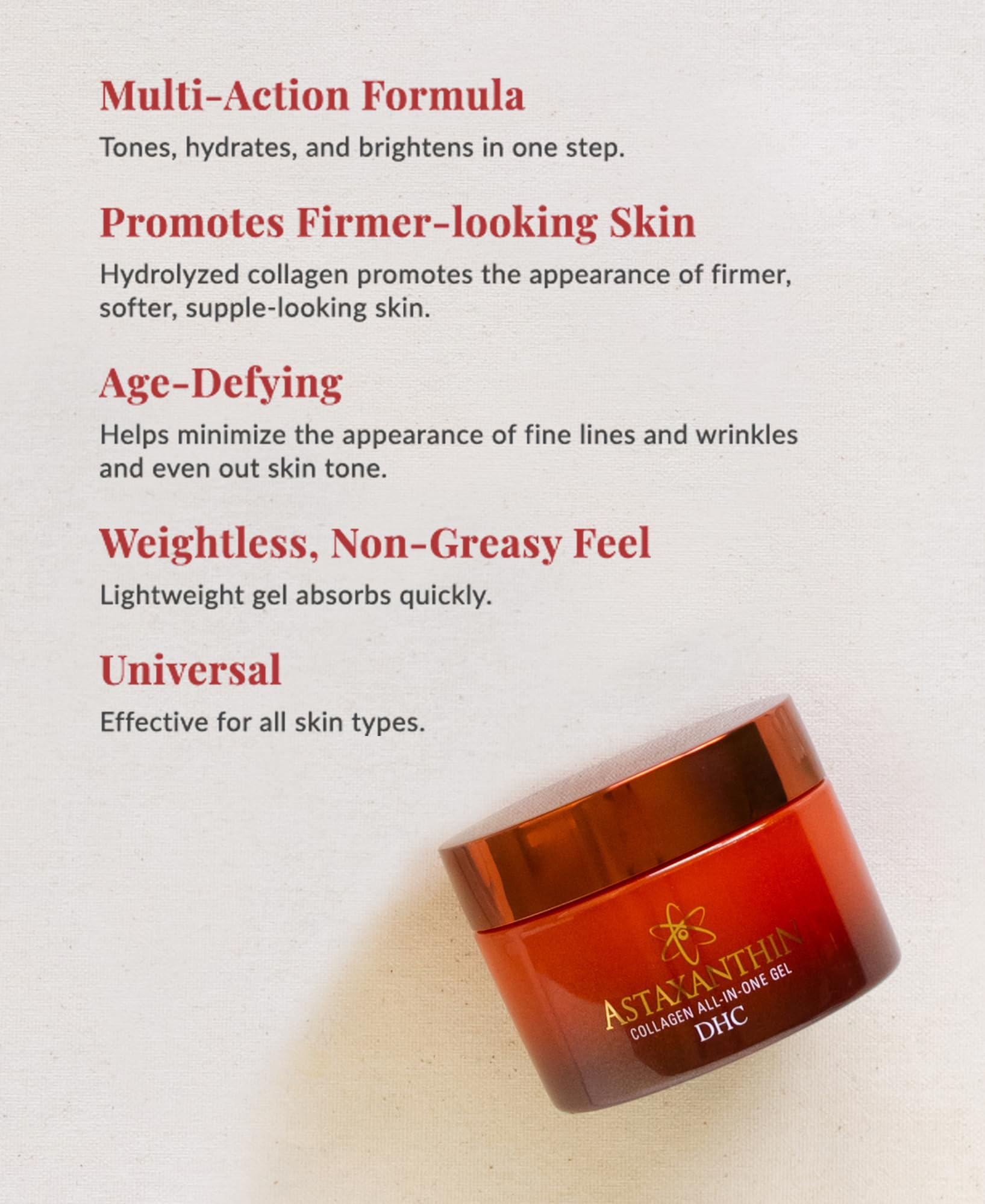 DHC Astaxanthin Collagen All-in-One Gel, Brightening Daytime Facial Moisturizer, Lightweight, Toning, Hydrating, Absorbs Quickly