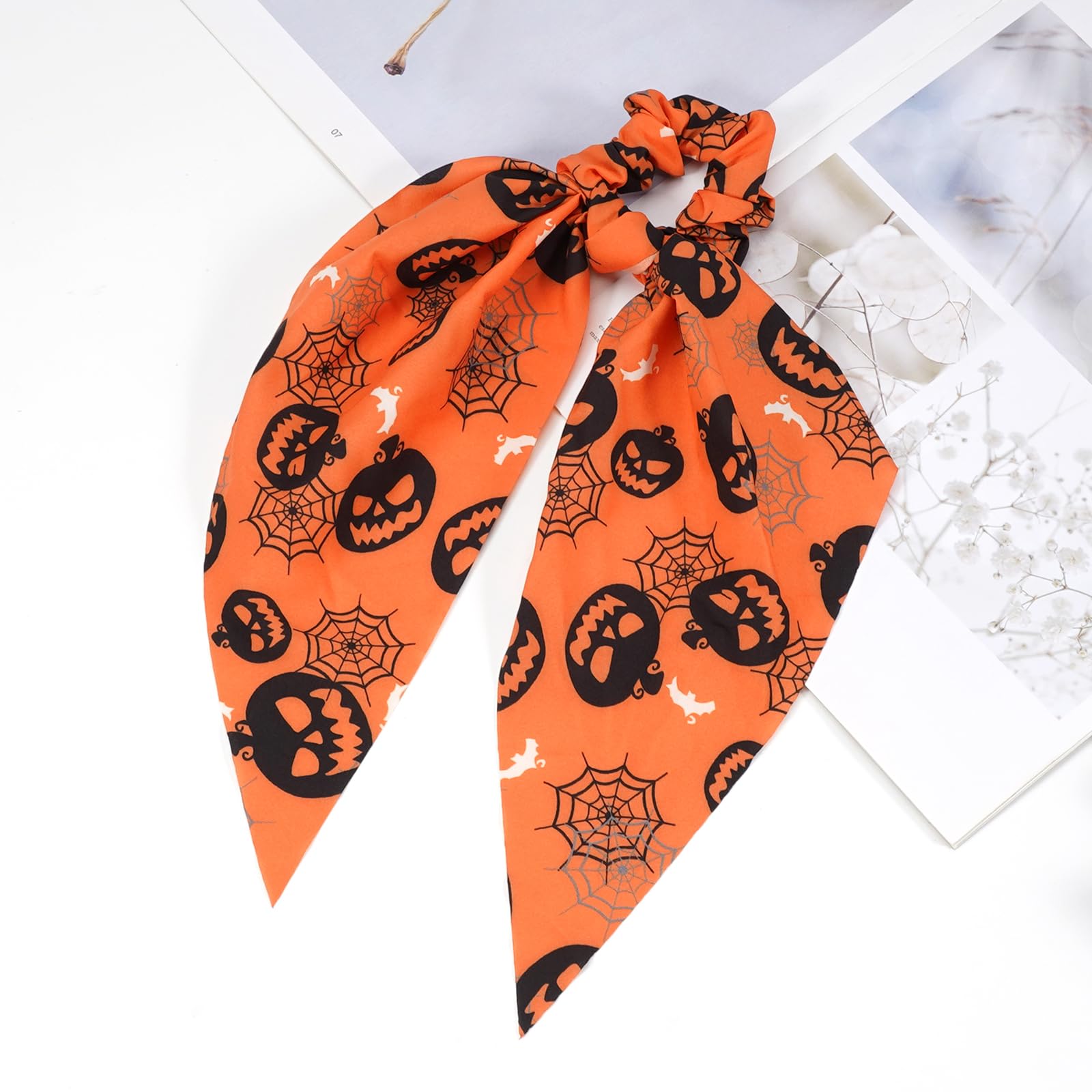 Halloween Hair Ties For Women Girls Spooky Spider Web Skeleton Bat Pumpkin Hair Scrunchies Black Orange Hair Tie Ribbon Hair Bow