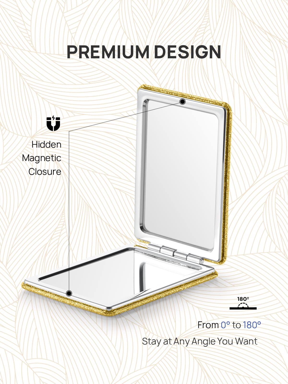 Omiro Compact Mirror, Glitter Pu Leather 1X/3X Magnification, Ultra Portable For Purses, 2.4'' W X 3.4'' L (Gold)