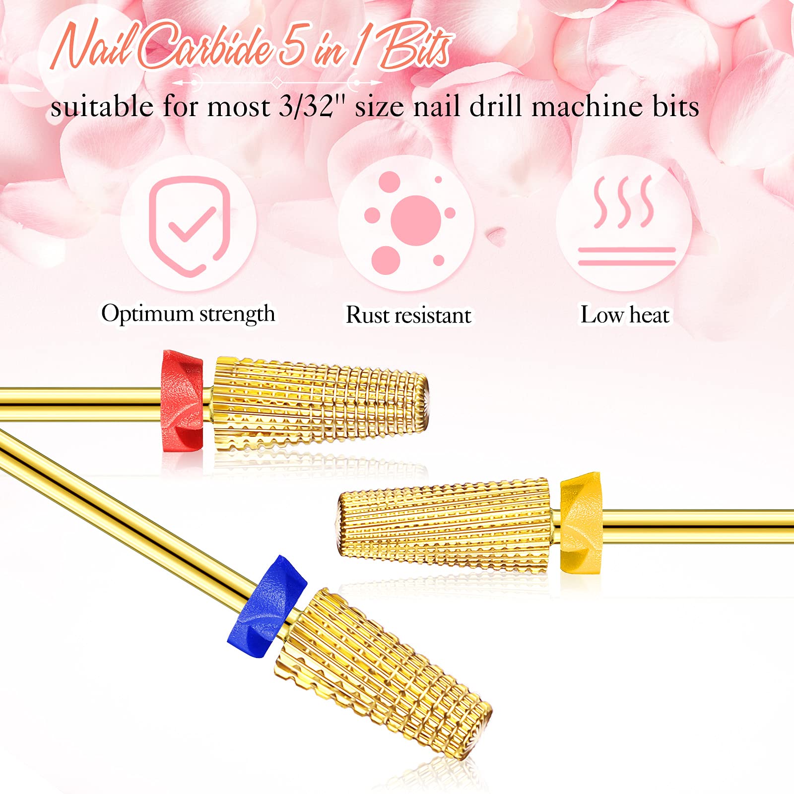 Honoson 3 Pcs Carbide 5 in 1 Nail Drill Bit Set Two Way Rotate Use for Both Left and Right Handed