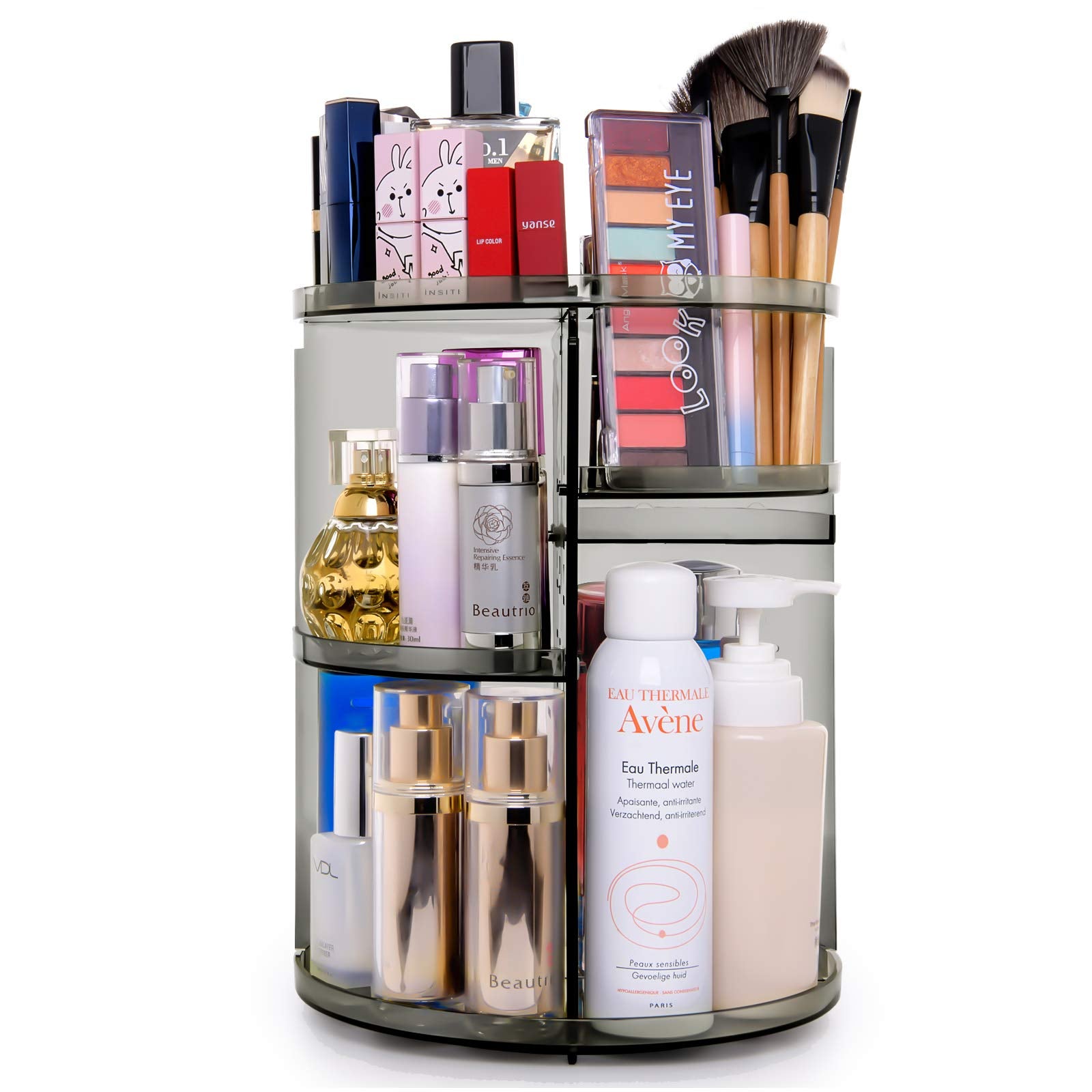 Sanipoe 360 Rotating Makeup Organizer, Spinning Skincare Organizer,Cosmetic Display Case With Brush Holder Perfume Tray, Multi-F