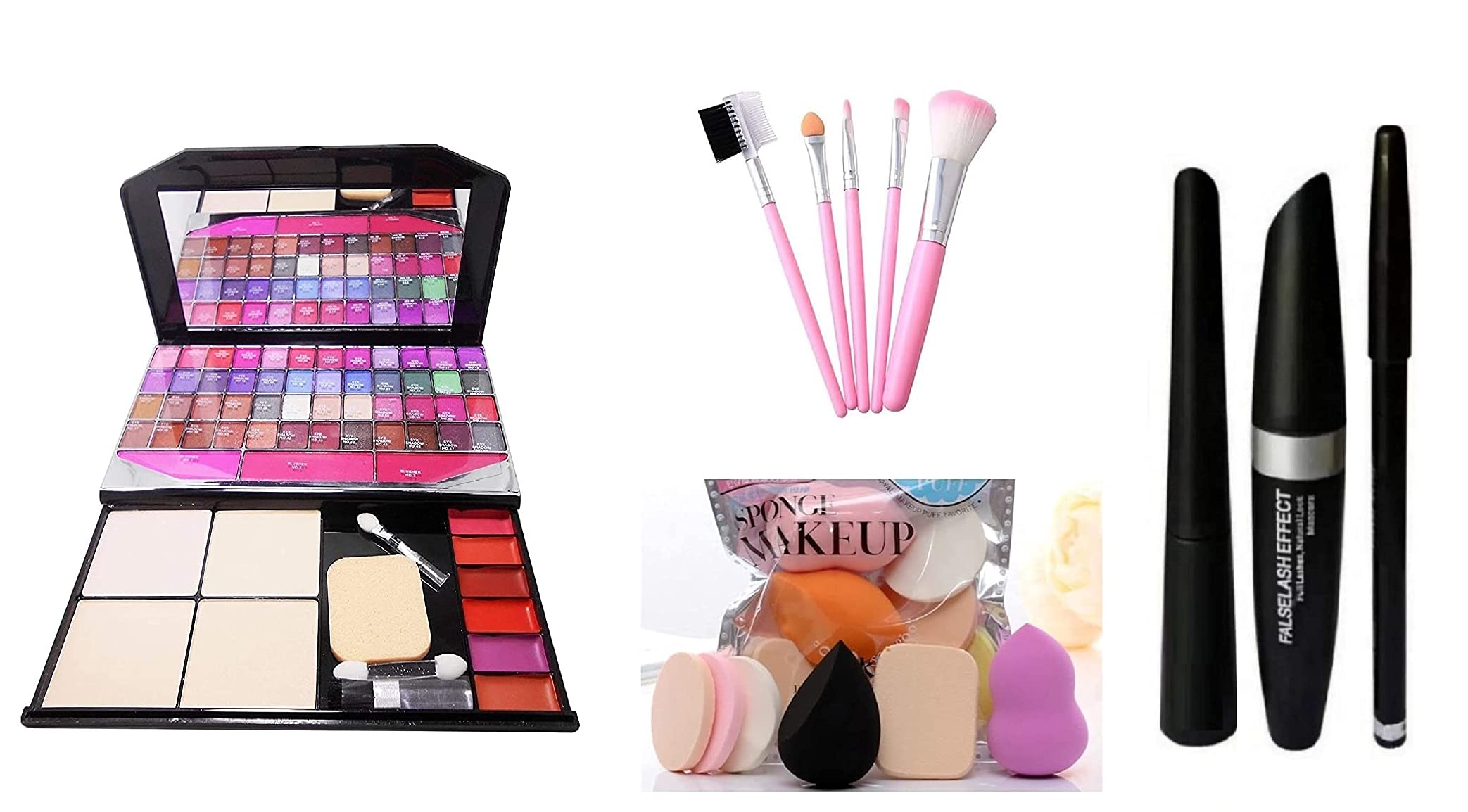 Fashion Makeup Kit For Girls + Hello Kitty Makeup Brushes 5 Piece + Pro Tya Makeup Sponges 6 Piece + Eye Liner & Kajal & Mascara