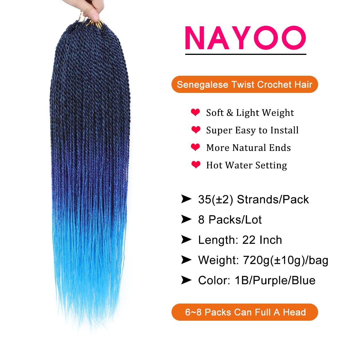 Nayoo Blue Crochet Hair Senegalese Twist, 22 Inch 8 Packs Small Crochet Hair For Black Women, 35 Strands/Pack Braids Crochet Hai