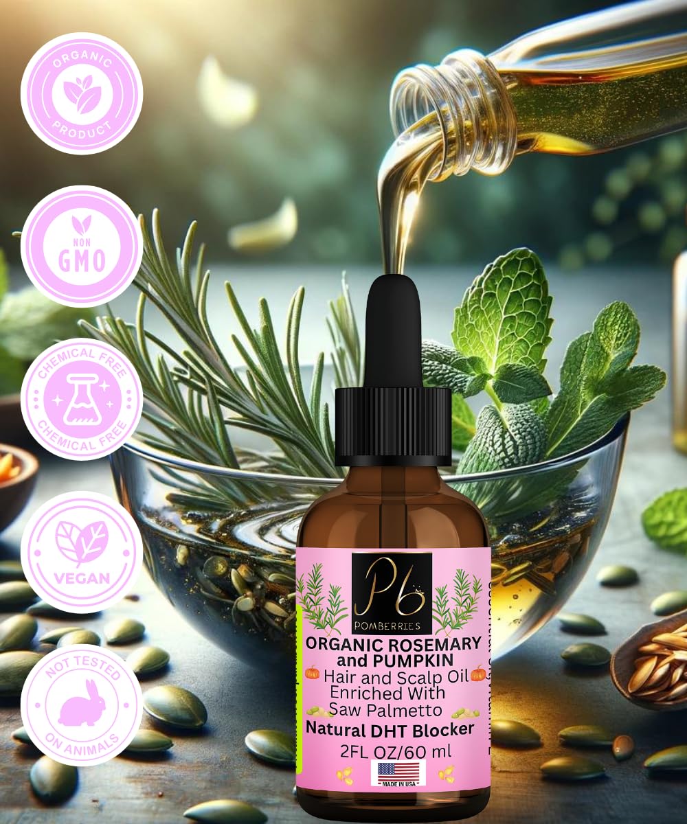Pomberries Organic Rosemary, Saw Palmetto Oil, Peppermint, Scalp And Hair Strengthening Oil, Pumpkin Seed Hair Oil With Vitamin