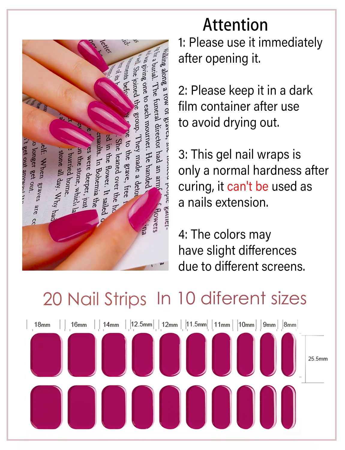 Semi Cured Gel Nail Strips, 20Pcs Gel Nail Stickers Uv, Semi Cured Gel Nail Wraps For Home Nails Diy (Red Plum)
