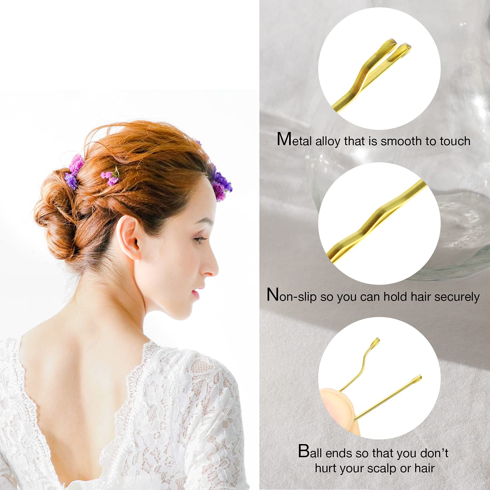 Hoyols Premium Metallic Crimped Grip Bobby Pin, Secure Hold Wavy Slide Proof Gold Hair Styling Pins For Women Buns Thin Hair 100