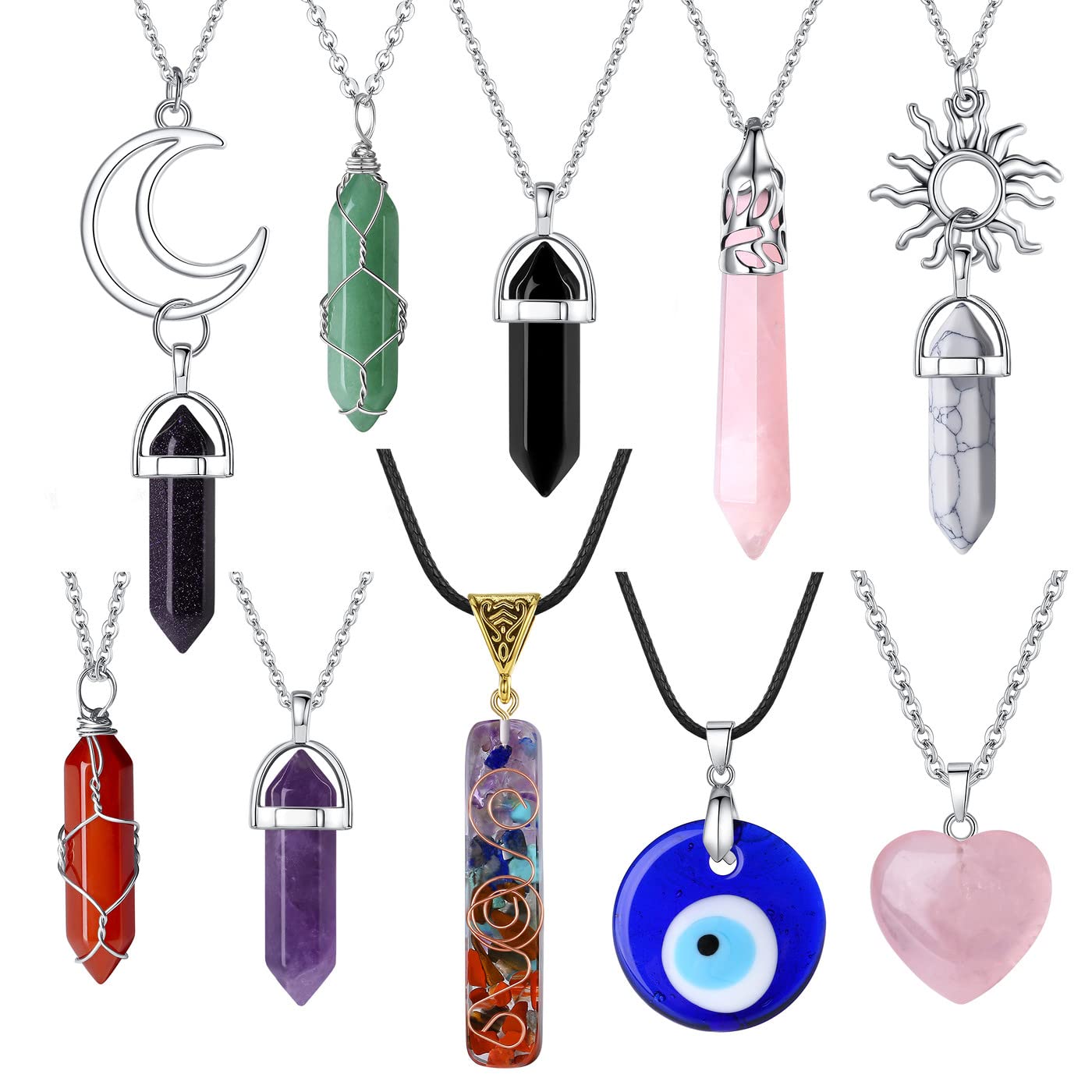 MAIBAOTA 10 Pcs Crystal Necklace Healing Amethyst Crystals Carnelian Chakra Necklaces Evil Eye Necklace Vintage Hippie Wiccan Bo