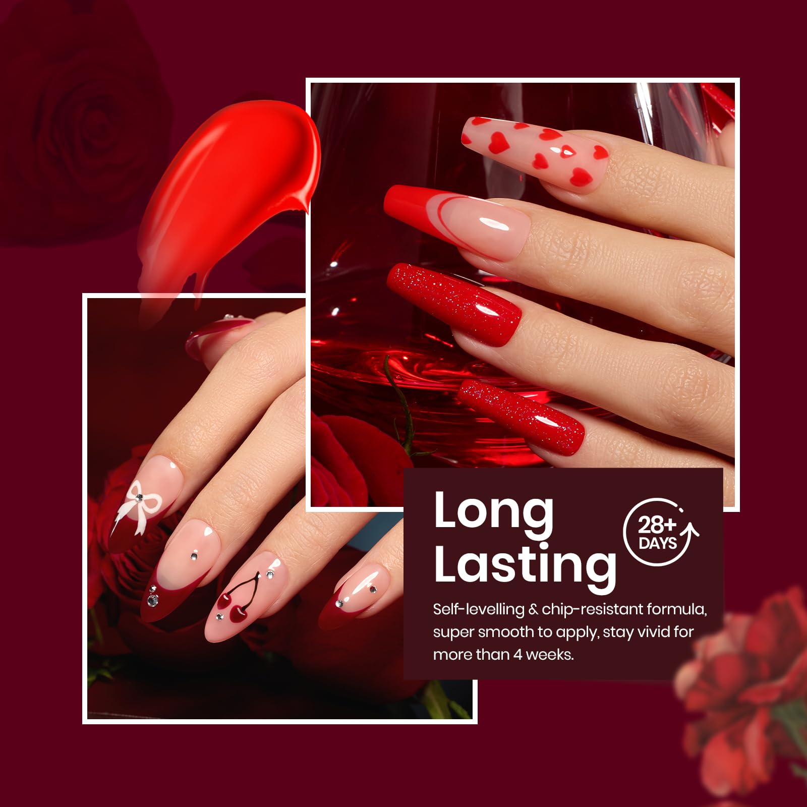 Beetles Red Gel Nail Polish Set With Top Coat, 6 Colors Popular Shimmer Red Burgundy Gel Polish Kit Nail Art Design Soak Off Uv