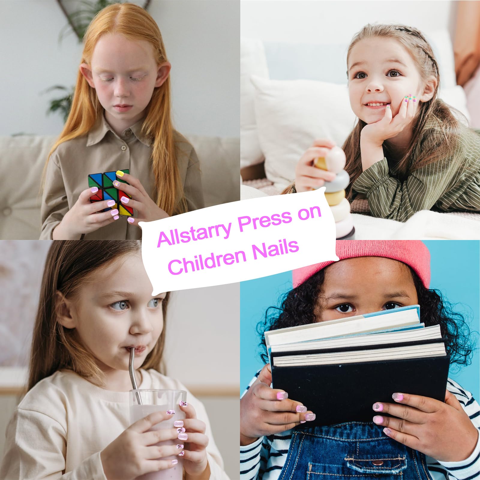 Allstarry 120Pcs 5 Pack Children Nails Press On Pre-Glue Full Cover Butterfly Stripe Gradient Short False Nail Kits Lovely Gift