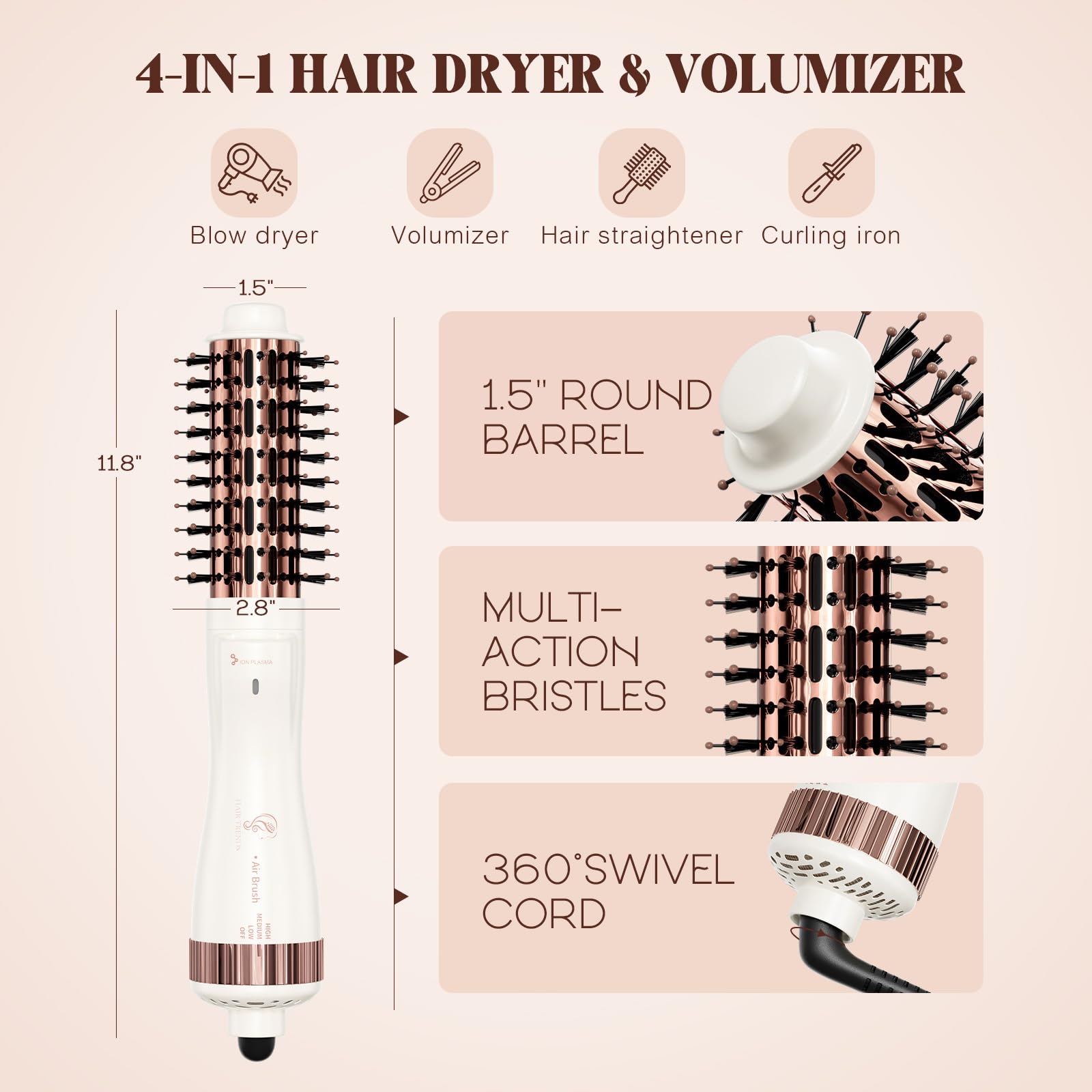 Hair Trends 1.5 Inch Barrel Round Brush Blow Dryer, Negative Ionic One Step Volumizer Dryer, 4-in-1 Hot air Brush-2.8 Inch Plus