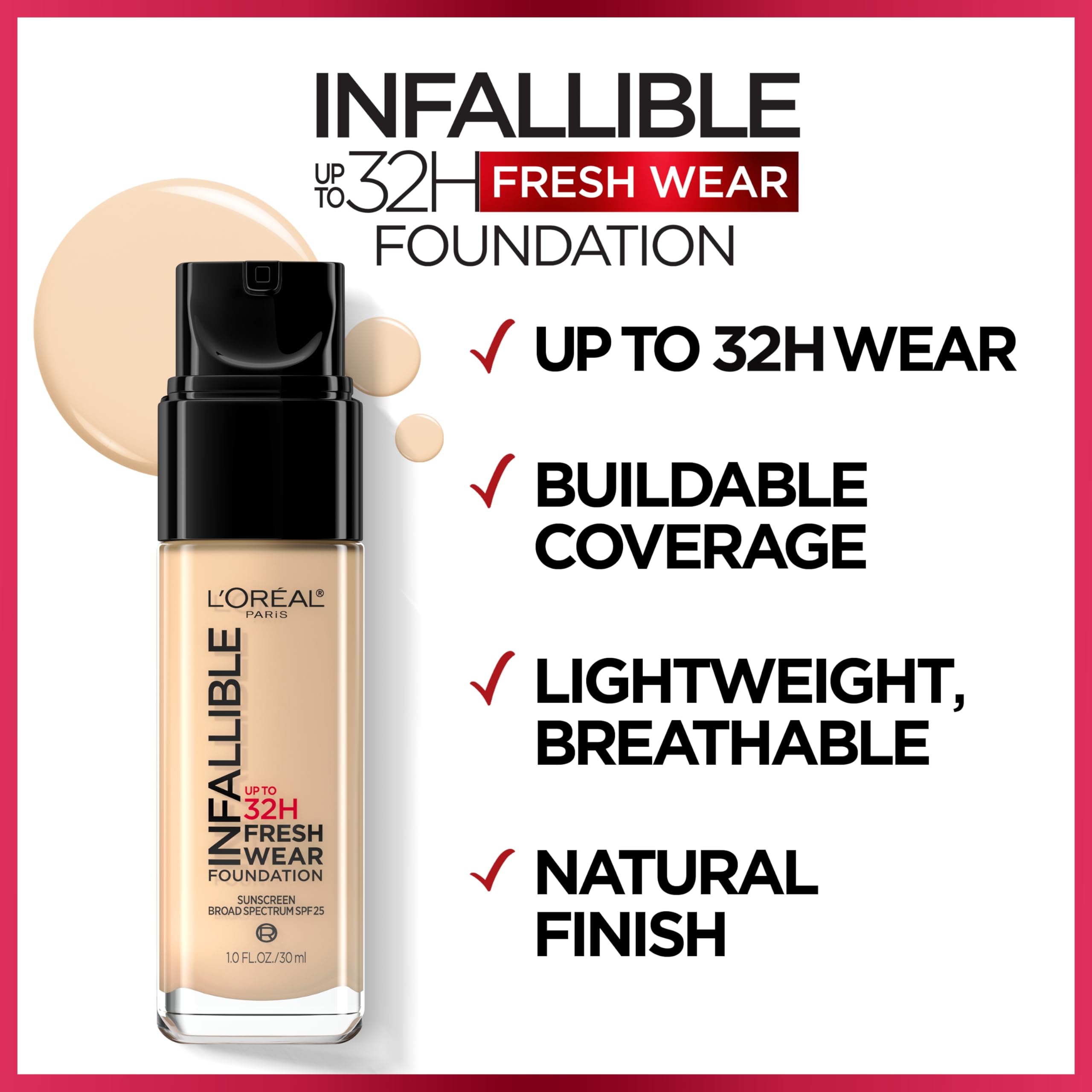 LOr  al Paris Makeup Infallible Up to 32 Hour Fresh Wear Lightweight Foundation, 515 Copper, 1 Fl Oz, Packaging May Vary