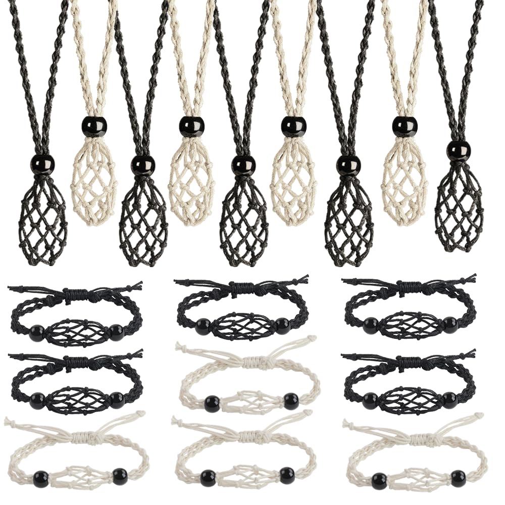 VNVETYTO 18 PCS Crystal Cage Necklace Holder Necklace Cord Empty Stone Holder Replacement Hand-Woven Cord with Adjustable Length