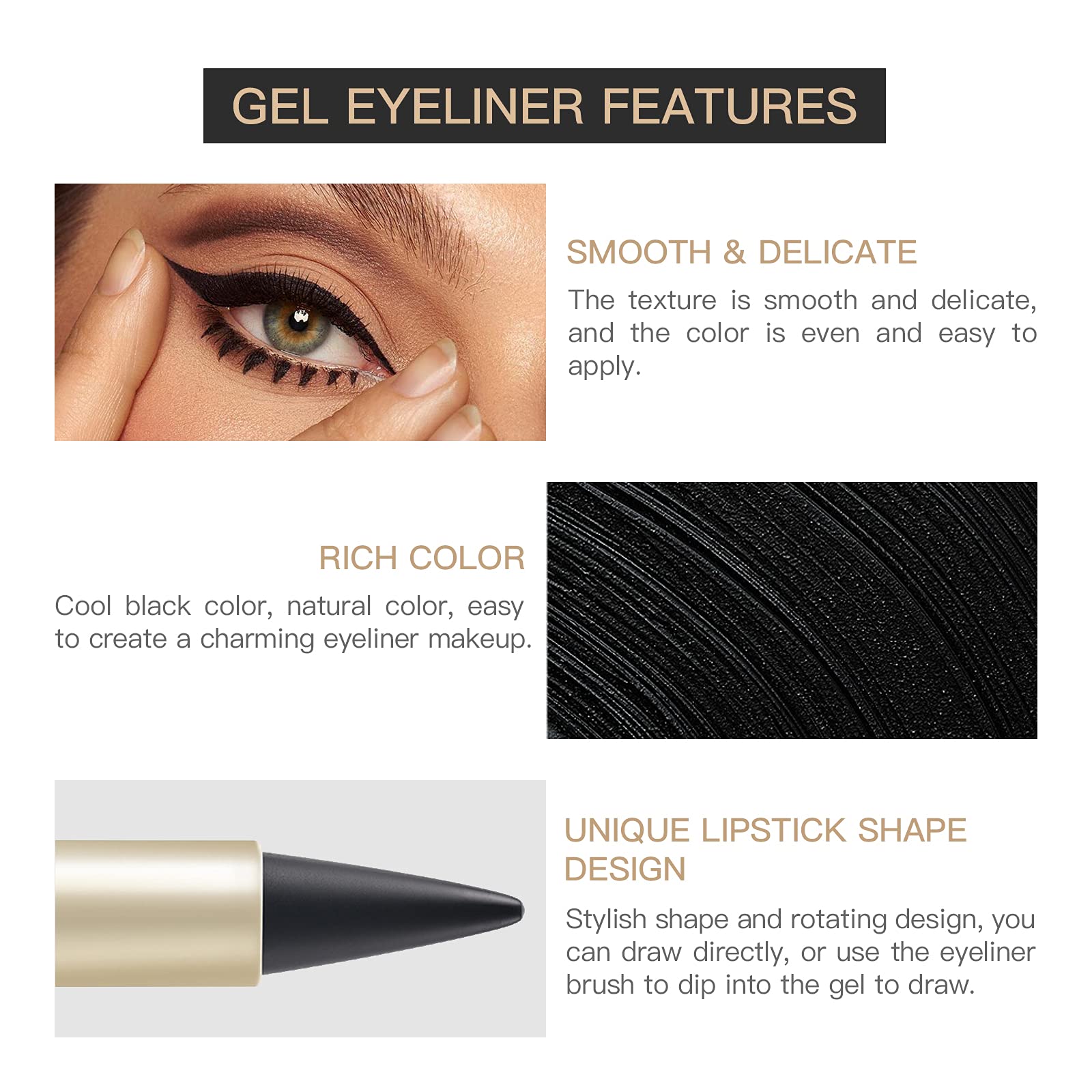 Lokfar 2 Pcs Black Gel Cream Eyeliner Set, Tool Smudge Proof And Waterproof Matte Black Eye-Liner Pencil Tattoo Eyeliner Pen Sti