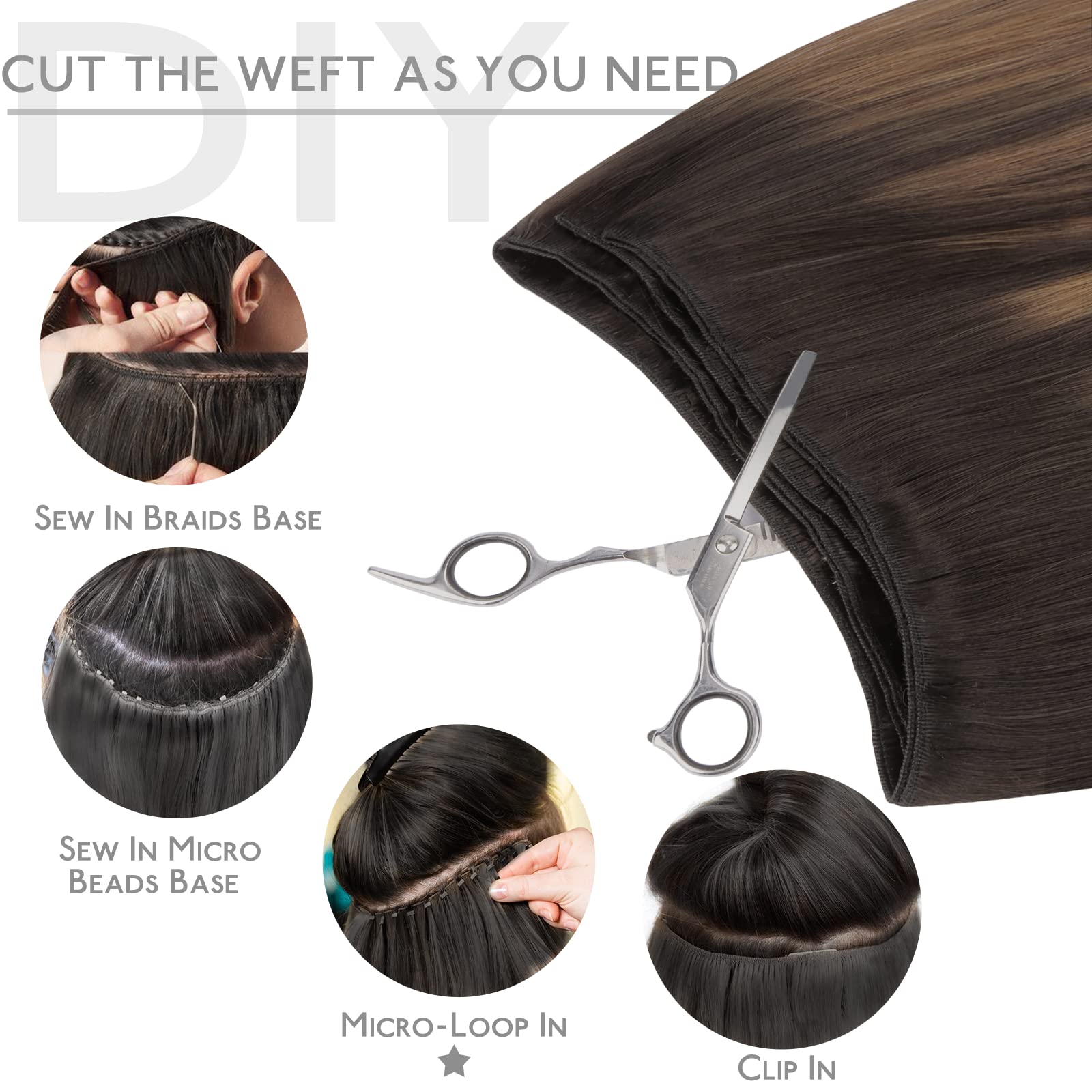 Wennalife Sew In Hair Extensions Real Human Hair, Weft Hair Extensions Human Hair 18 Inch 90G Balayage Dark Brown To Chestnut Br