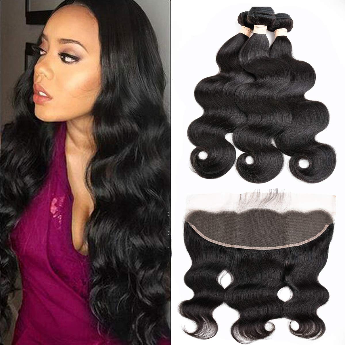 Beauhair Body Wave 3 Bundles with Frontal Human Hair Bundles with Lace Frontal (18 20 22+18, Natural Black) Brazilian Body Wave 