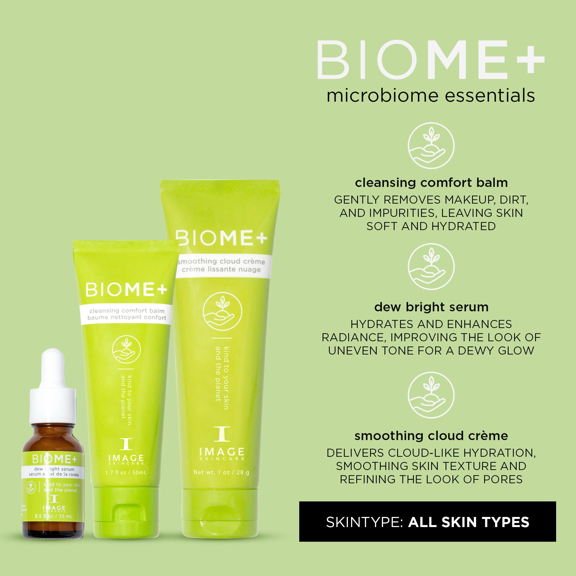 IMAGE Skincare, BIOME+ Microbiome Essentials Skin Barrier Defense Trio, 3 Step Travel Regimen with Facial Cleansing Balm, Dew Se
