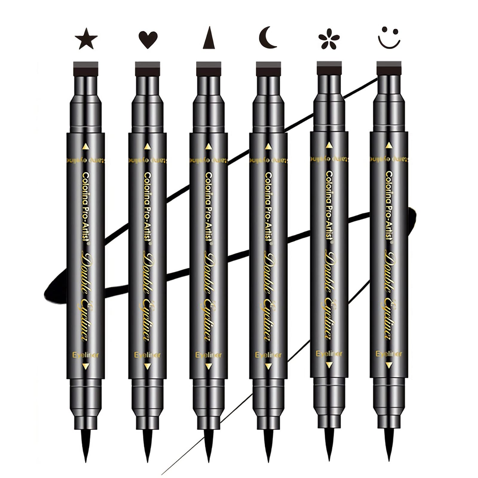 Sumeitang 6 Pcs Double-Headed Eyeliner Stamps Set Black Liquid Eye Liner Pen With Star,Moon,Heart,Flower,Smiley,Triangle Stamp S