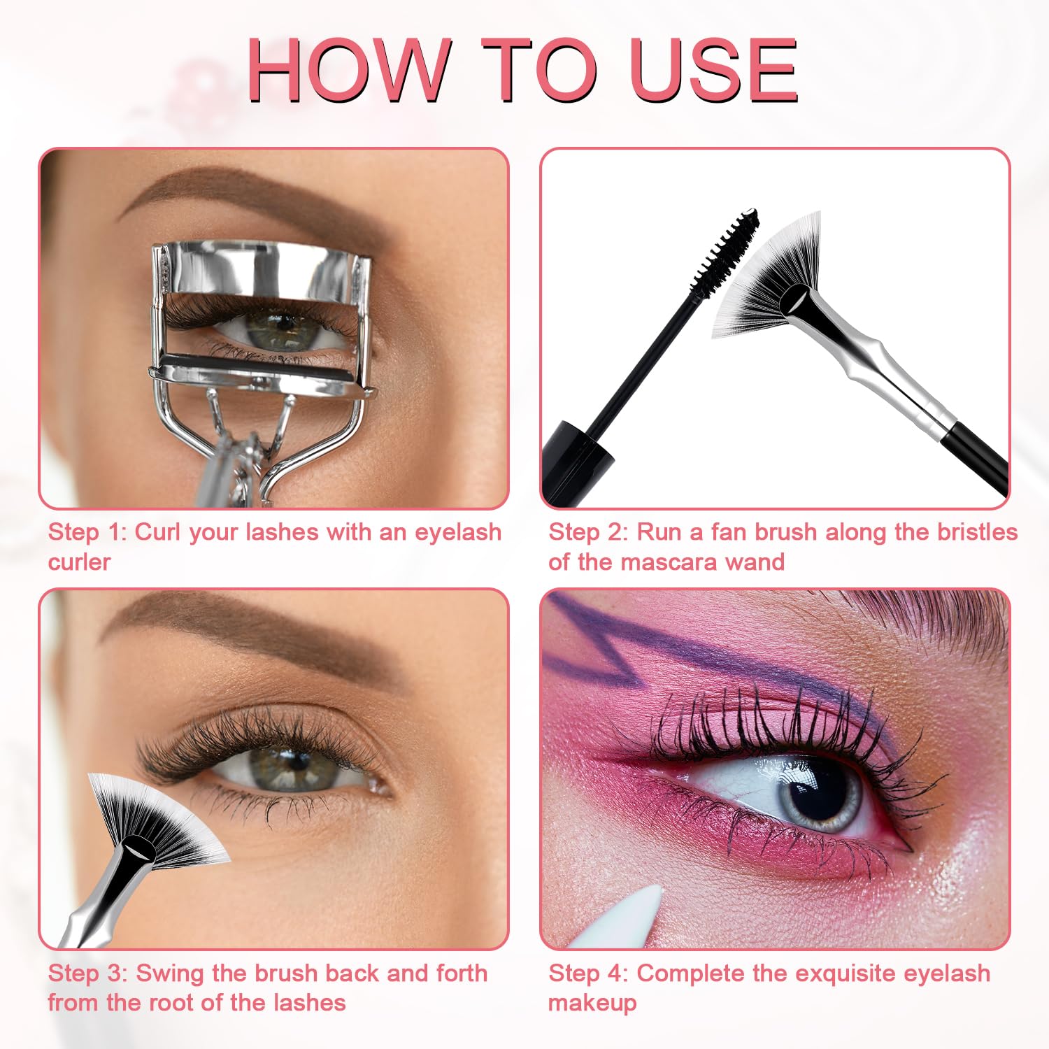 4pcs Eyelash Brush Kit, Mascara Fan Brushes with Eyelash Application Aid Folding Angle Scalloped Lash Brush Eyelash Comb Separat