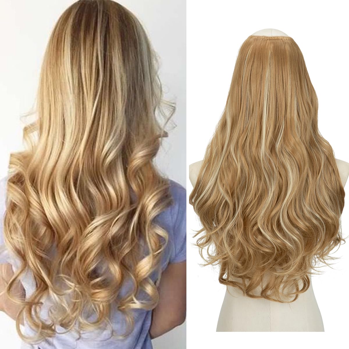SARLA Clip in U Part Hair Extensions Synthetic Long Wavy Curly Thick Full Head Hairpiece for Women Honey Blonde/Bleach Blonde Hi