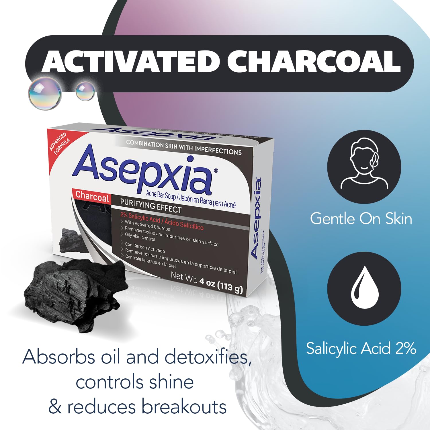 Asepxia Salicylic Acid & Activated Charcoal Bar Soap | Acne Treatment, Reduces Pimples & Blemishes, Deep Cleansing Facial Cleans