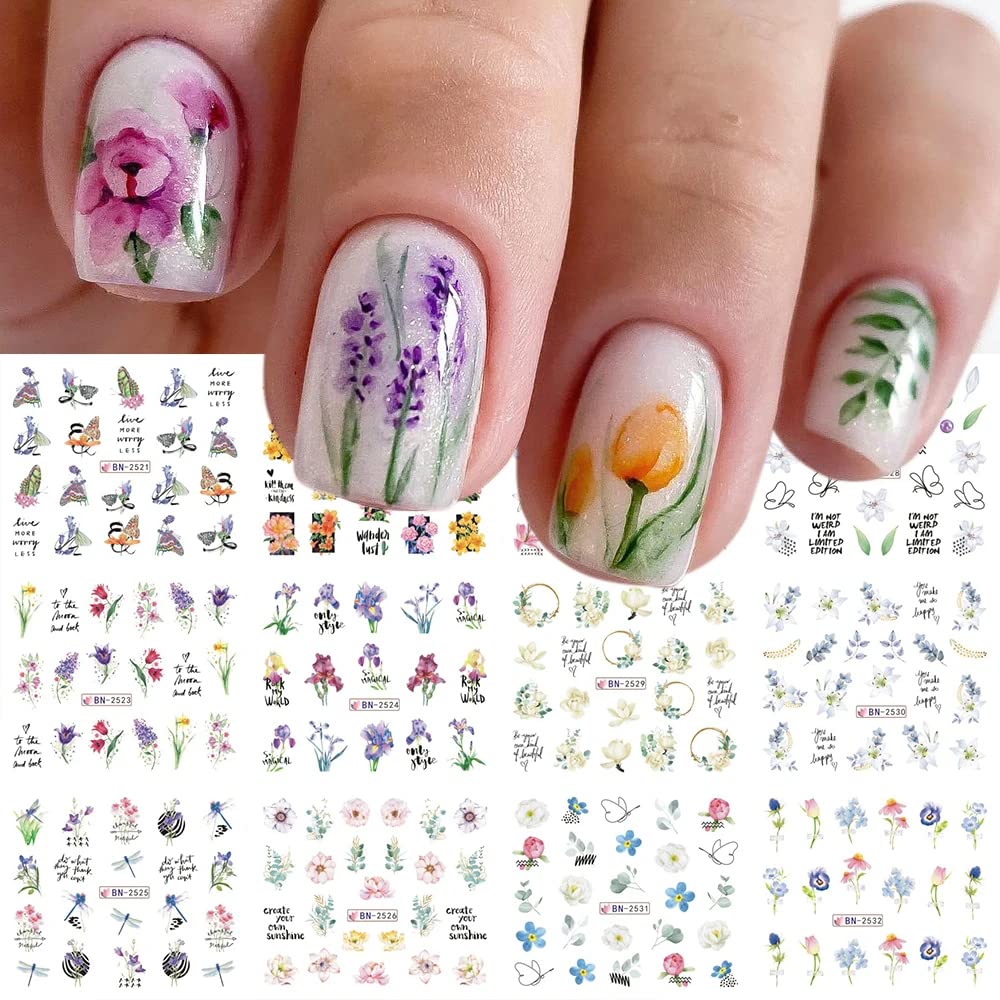 Flower Nail Art Stickers, Flower Nail Decals Water Transfer Nail Art Supplies Summer Lily Orchid Butterfly Small Floral Flowers