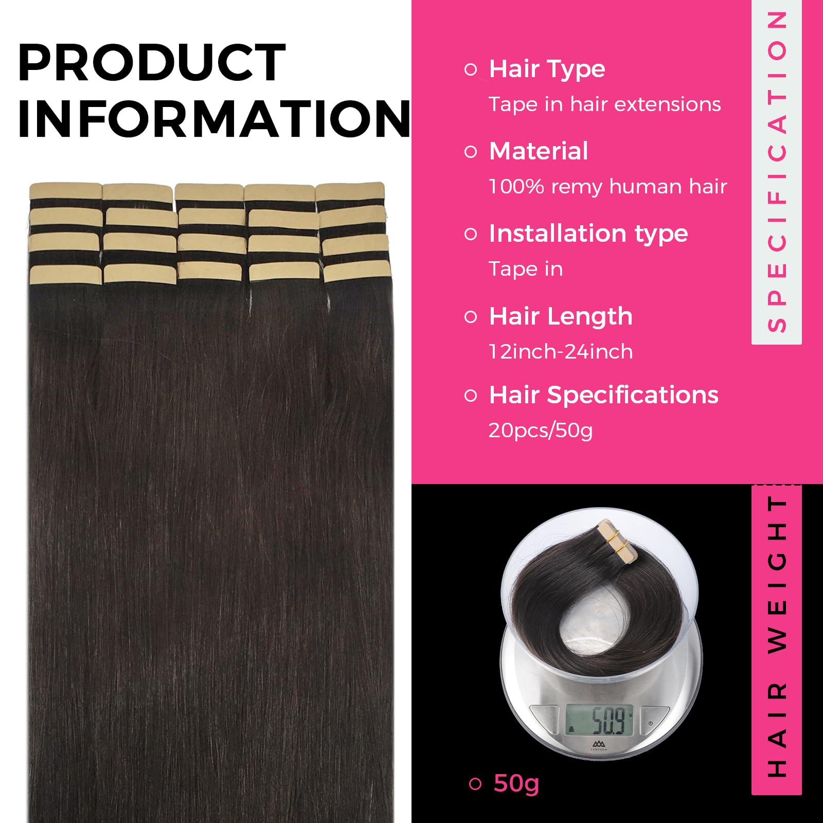 Lashey Tape In Hair Extensions Human Hair Straight Dark Brown Tape In Hair Extensions 14 Inch Natural Remy Human Hair 20Pcs 50G/