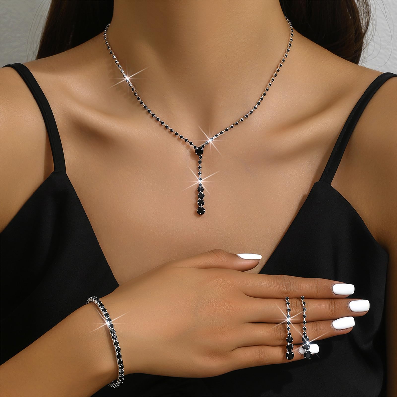 HUASAI Black Wedding Jewelry Sets for Brides Rhinestone Necklace Earrings Bracelet Set Bridal Costume Jewelry for Women Formal W