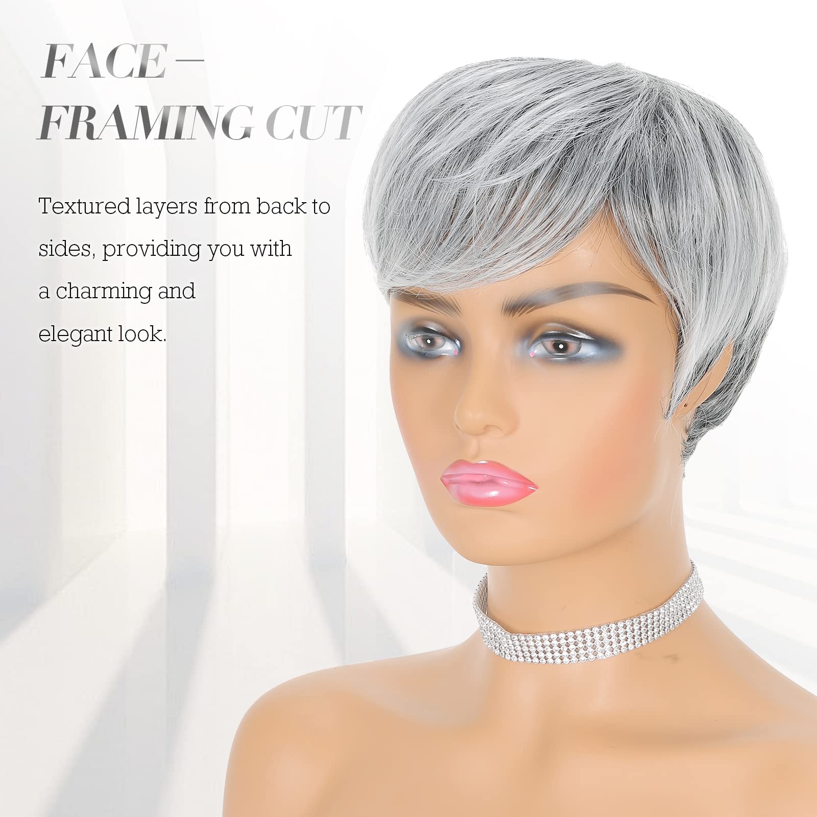 Feshfen Pixie Cut Wigs Synthetic Short Ombre Gray Pixie Haircut Wig With Bangs Glueless Layered Wig Wavy Grey To Black Wigs For