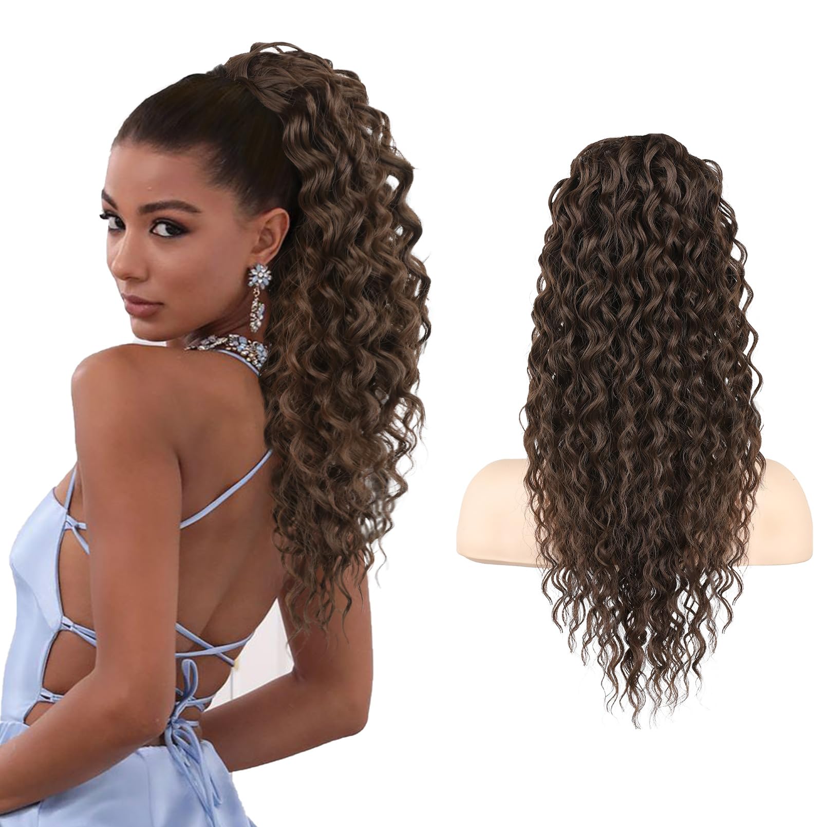 SEIKEA Ponytail Extension, PT005 Isabella 22'' Long Bohemian Curly Drawstring Ponytail Light Fluffy Multi Layered Clip in Hair E