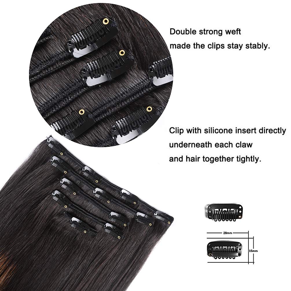 5 Pieces 16'' Remy Clip In Hair Extensions Human Hair Natural Black To Chestnut Brown Highlight Black Ombre - Silky Straight Sho