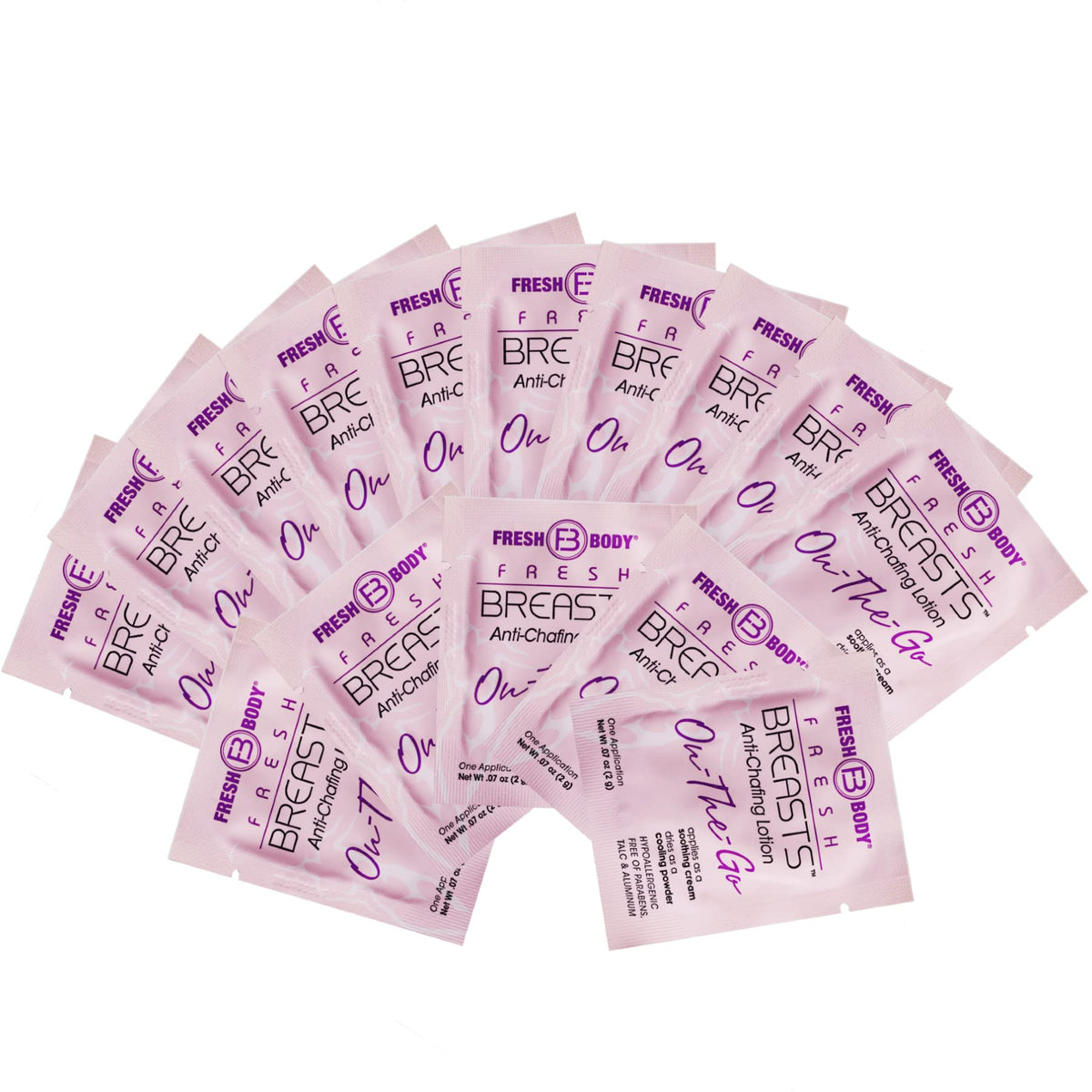 Fresh Body Fb Breasts On-The-Go Anti Chafing Deodorant Lotion To Powder - Unscented, 0.07 Oz Travel Size (30 Pack) Soothing Loti