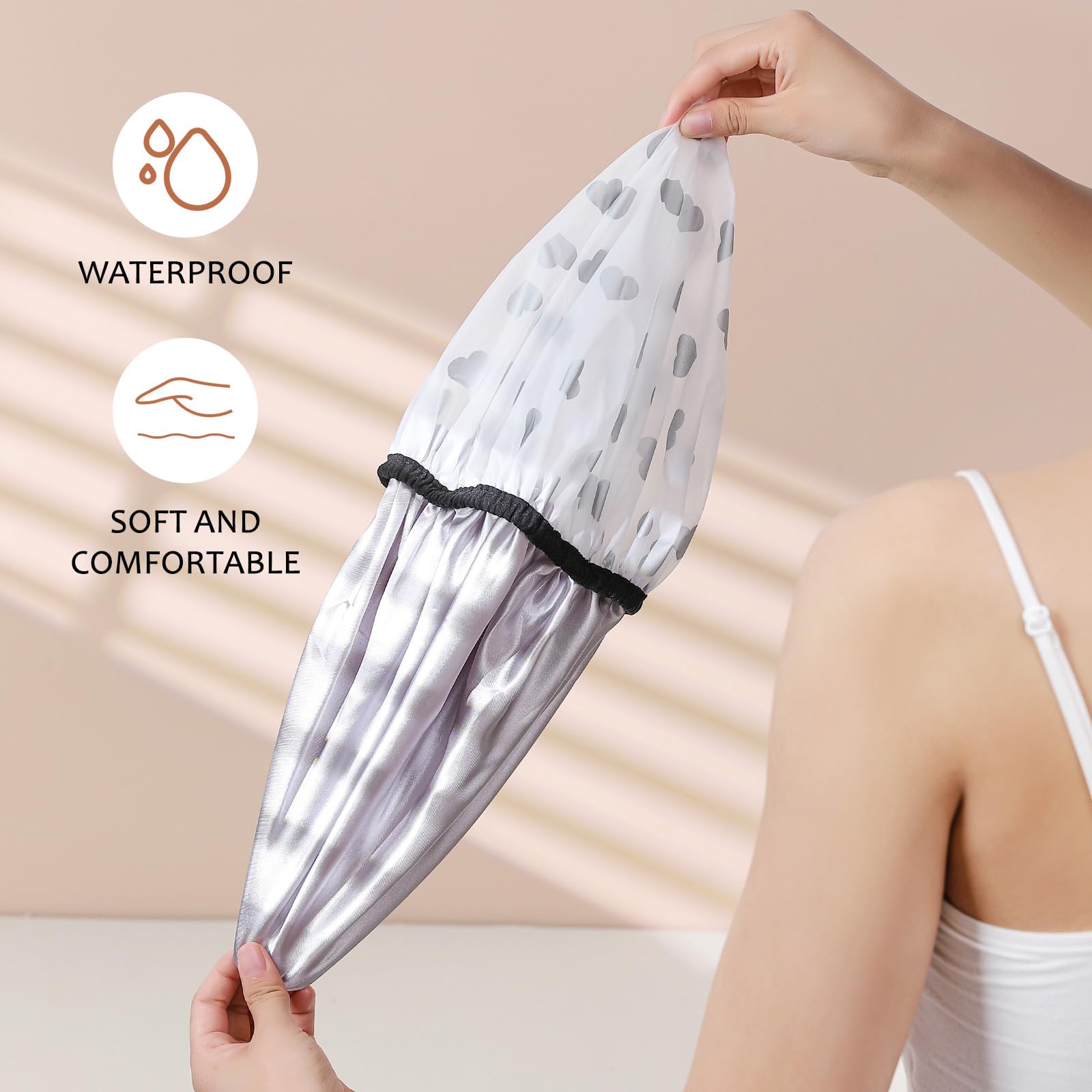Yizijizi Shower Cap,Reusable Waterproof Shower Caps - Large Size For Women, Perfect For Long Hair(Grey Love)