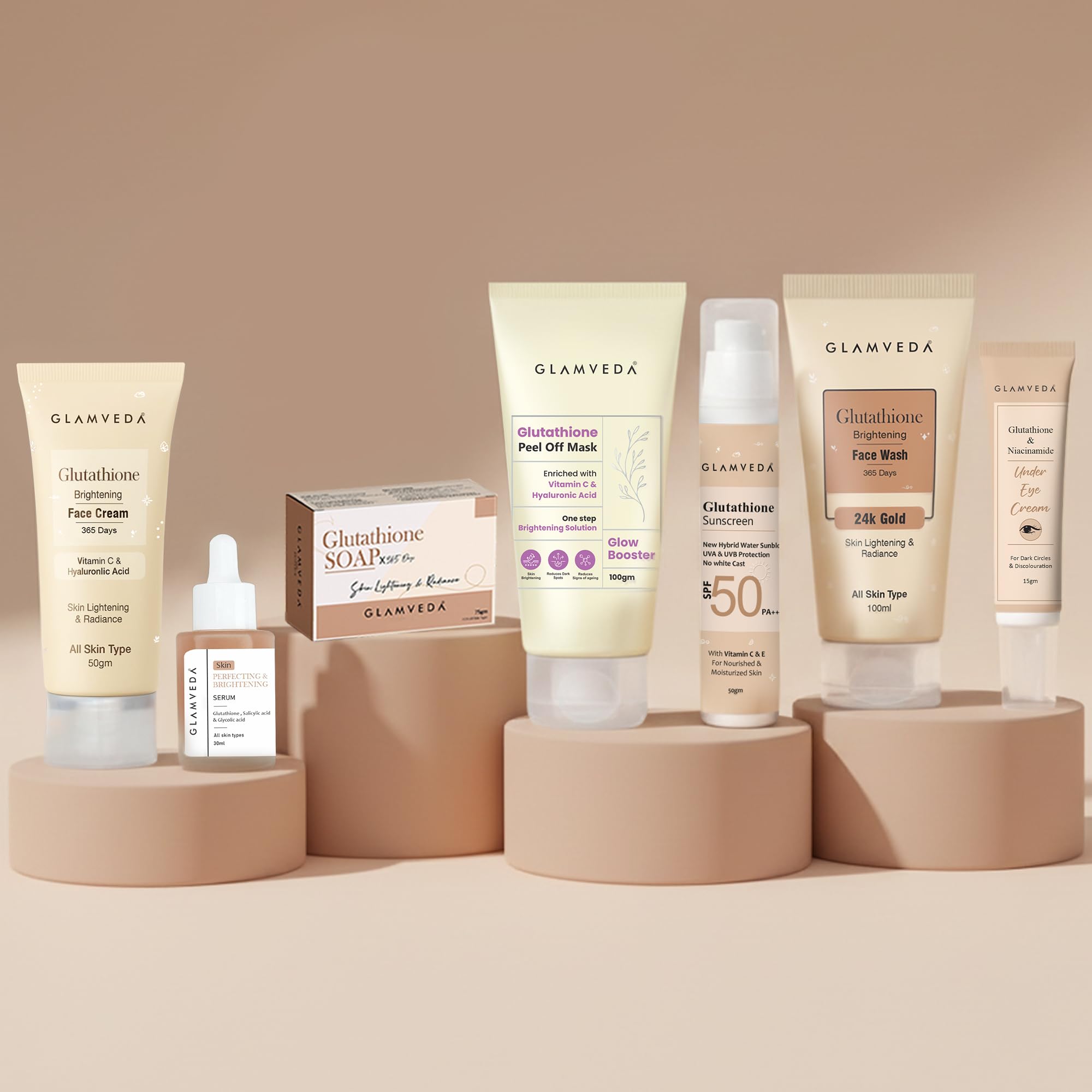 Glamveda Glutathione Skin Brightening | Face Wash, PeelOff Mask, Serum, Cream, Sunscreen, Under Eye Cream & Soap| 7 Step Skinca