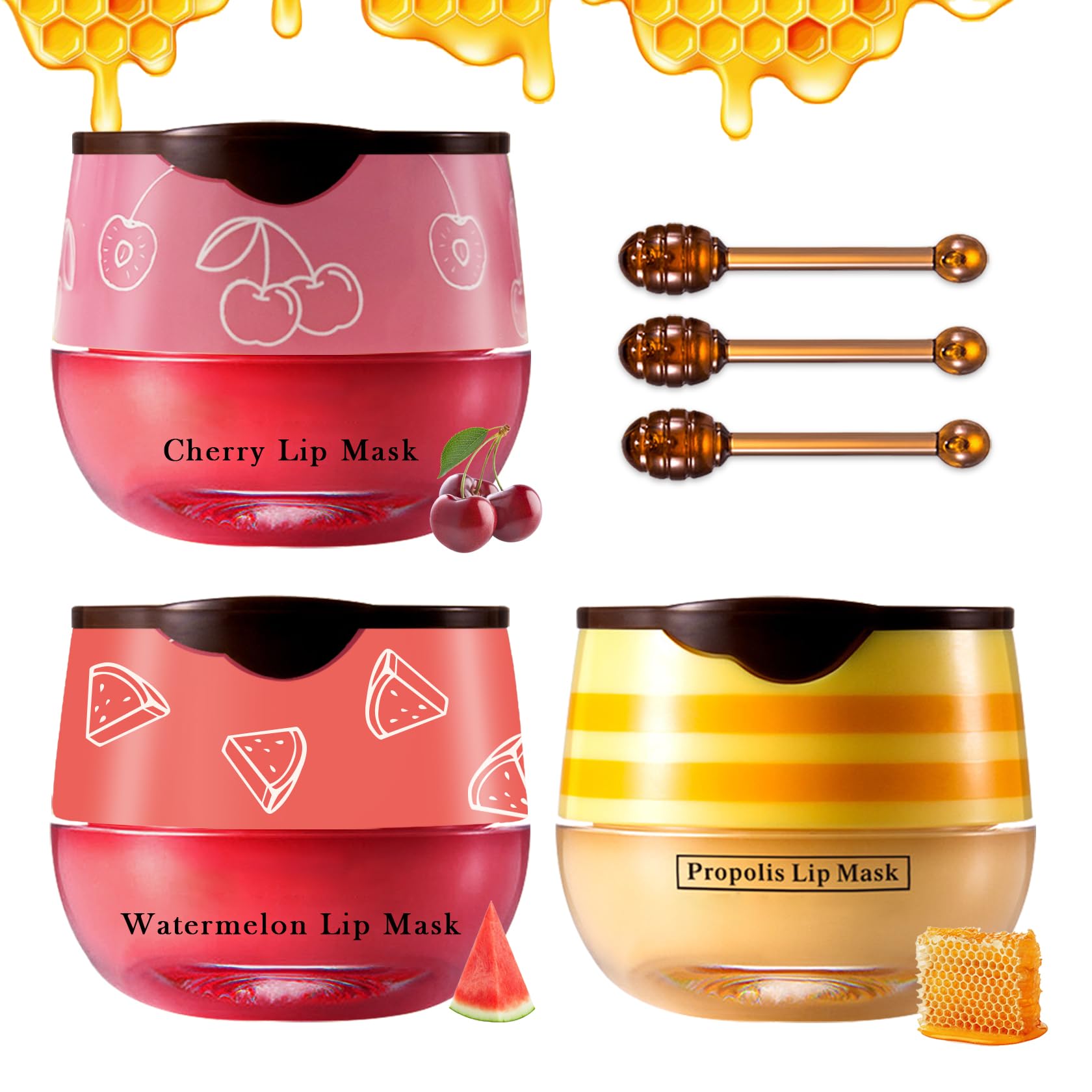 Zhishudl 3Pcs Bee Lip Balm Honey Pot Honey Watermelon Cherry Lip Balm Lip Sleeping Mask Moisturizing Hydrating Bee Lip Balm Lip