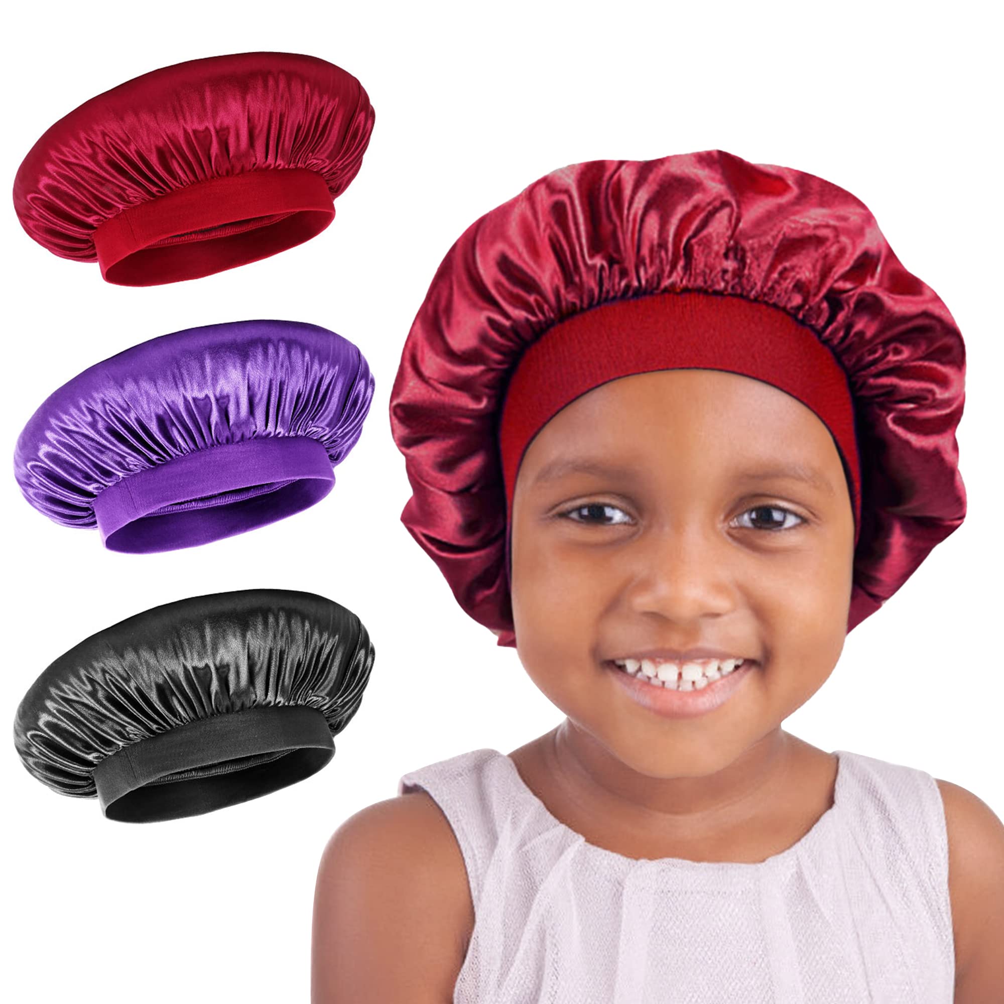 LADES Kids Satin Sleeping Cap - Childs Sleep Bonnet for Curly Hair Wrap with Adjustable Soft for Children Girls 3 Packs Multicol