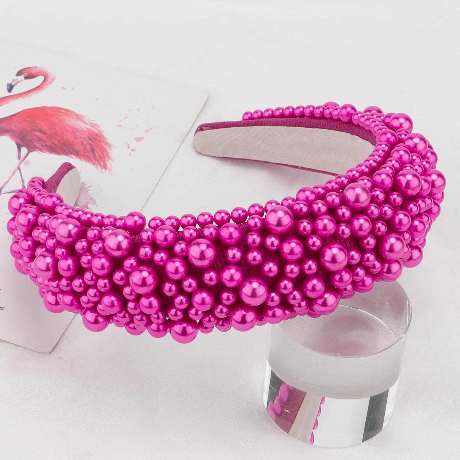 Hapdoo Hot Pink Pearl Headbands for Women, Wide Padded Hair Hoop with Faux Pearl for Gift, Bling Valentine Hairbands Hair Access
