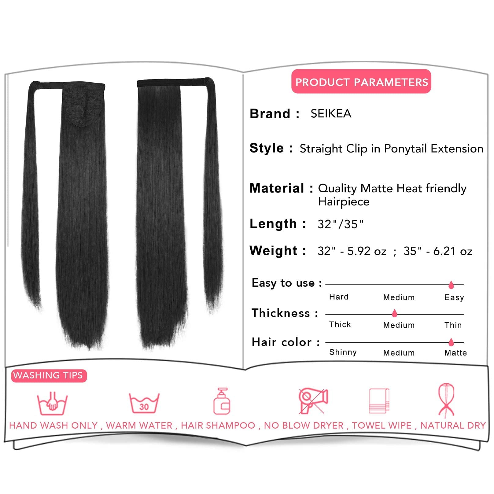 Seikea 32 Inch Clip In Ponytail Extension Wrap Around Long Straight Pony Tail Hair Synthetic Hairpiece For Women - Black