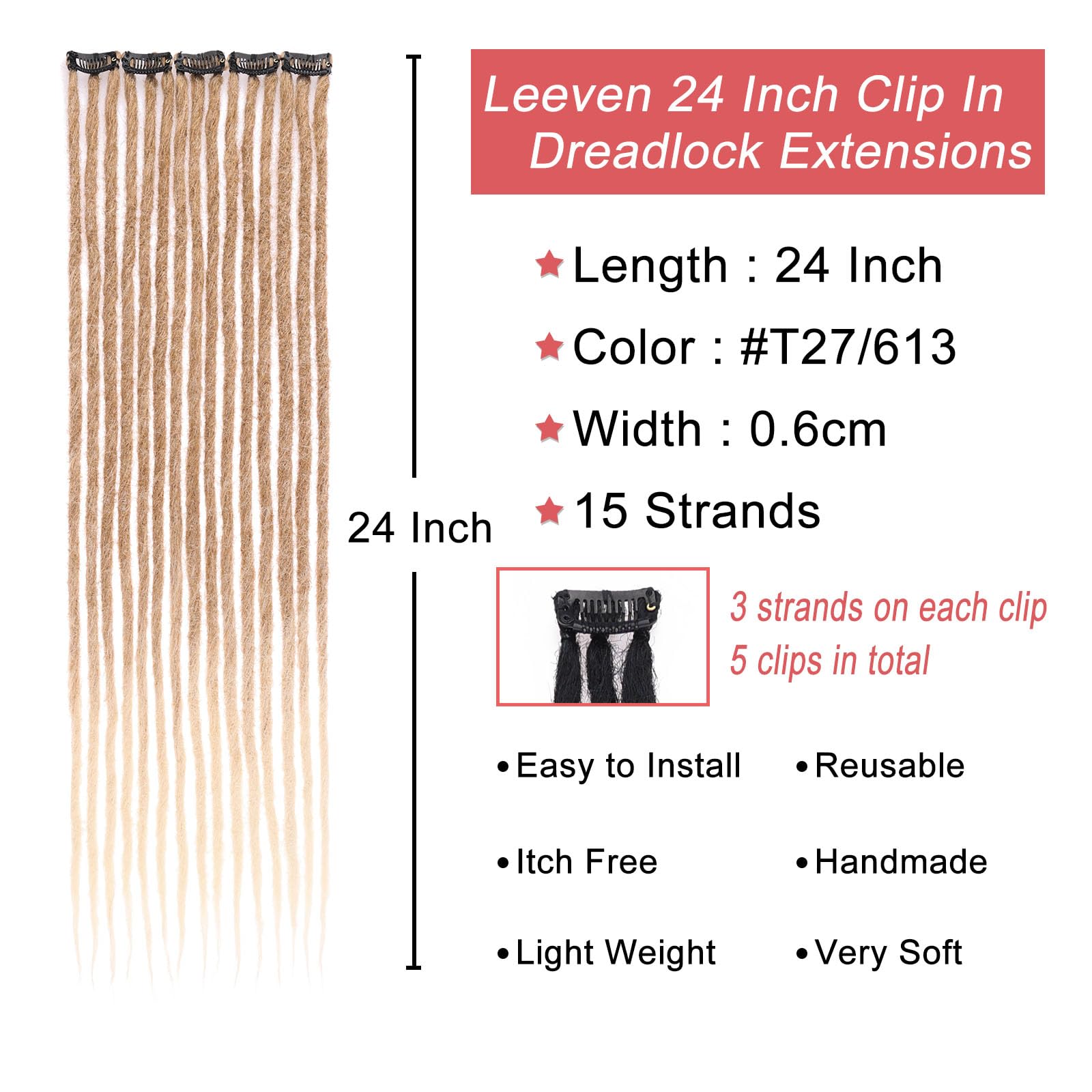 Leeven Synthetic Dreadlock Extensions Clip In 24 Inch 5 Pcs Ombre Blonde 15 Strands Hippe Dreads Handmade Soft Reggae Style Loc