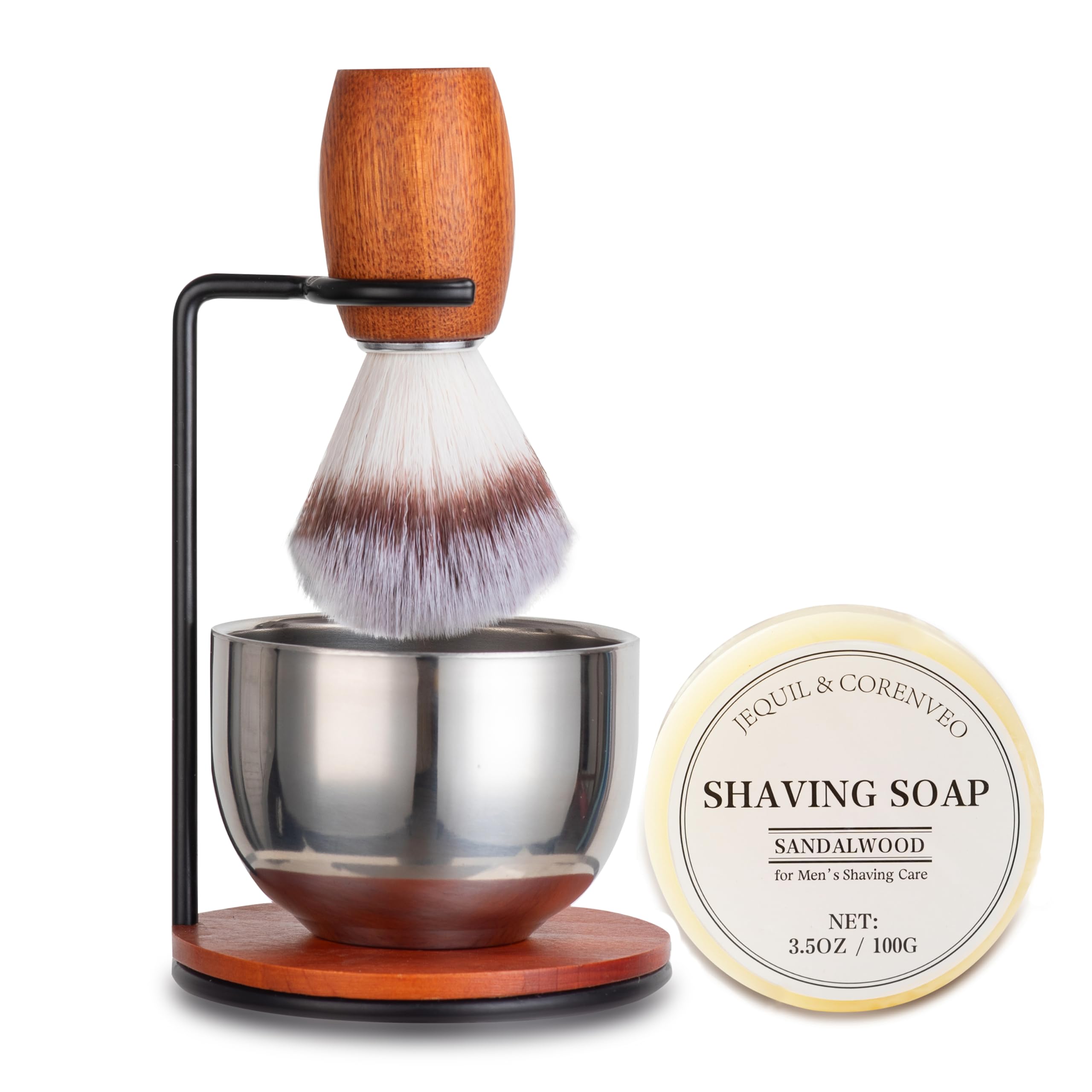 Shaving Brush Set for Men, 4pcs Wooden Handle Shaving Brush with Shaving Soap, Stand and Steel Bowl